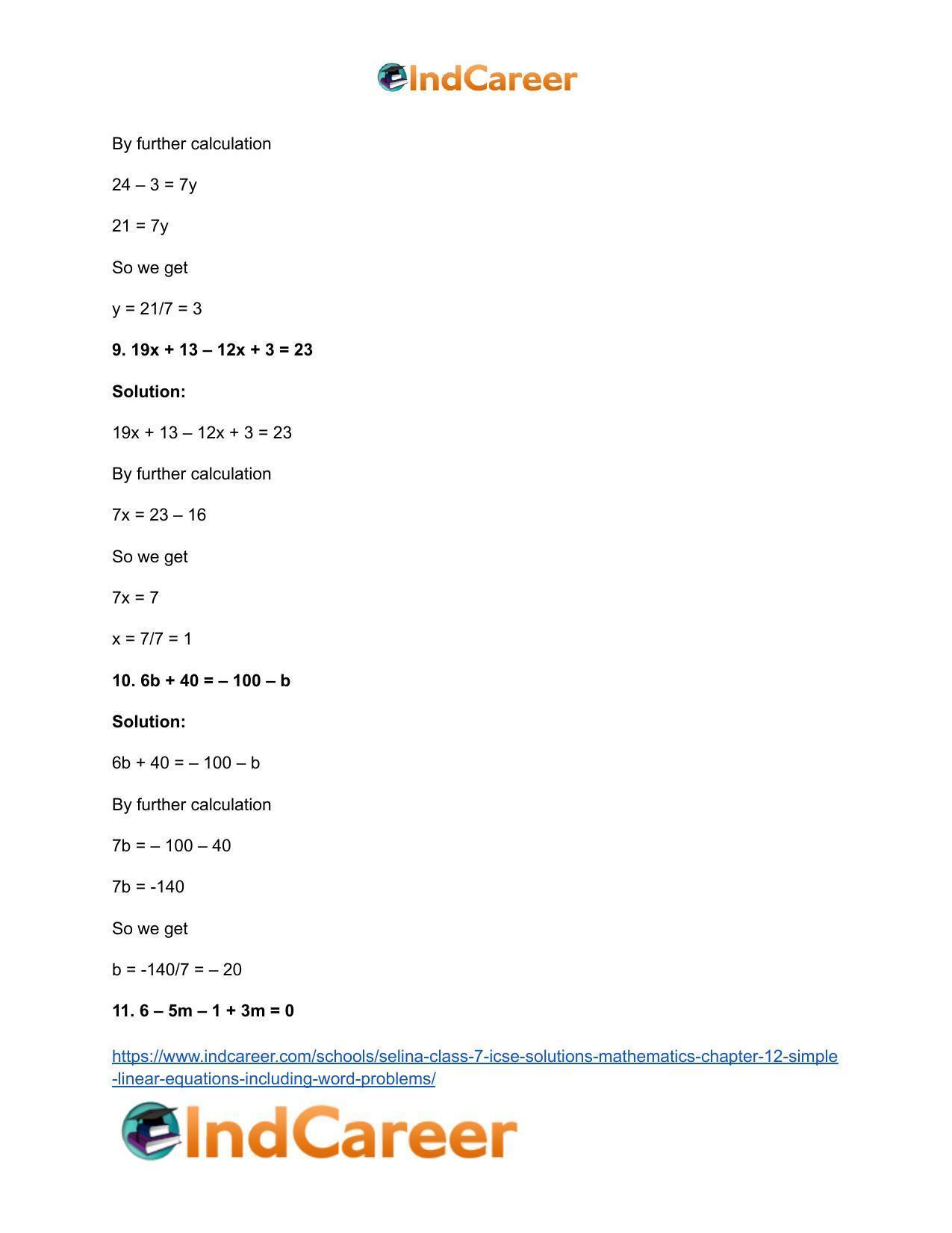Selina Class 7 ICSE Solutions Mathematics : Chapter 12- Simple Linear Equations (Including Word Problems) - Page 9