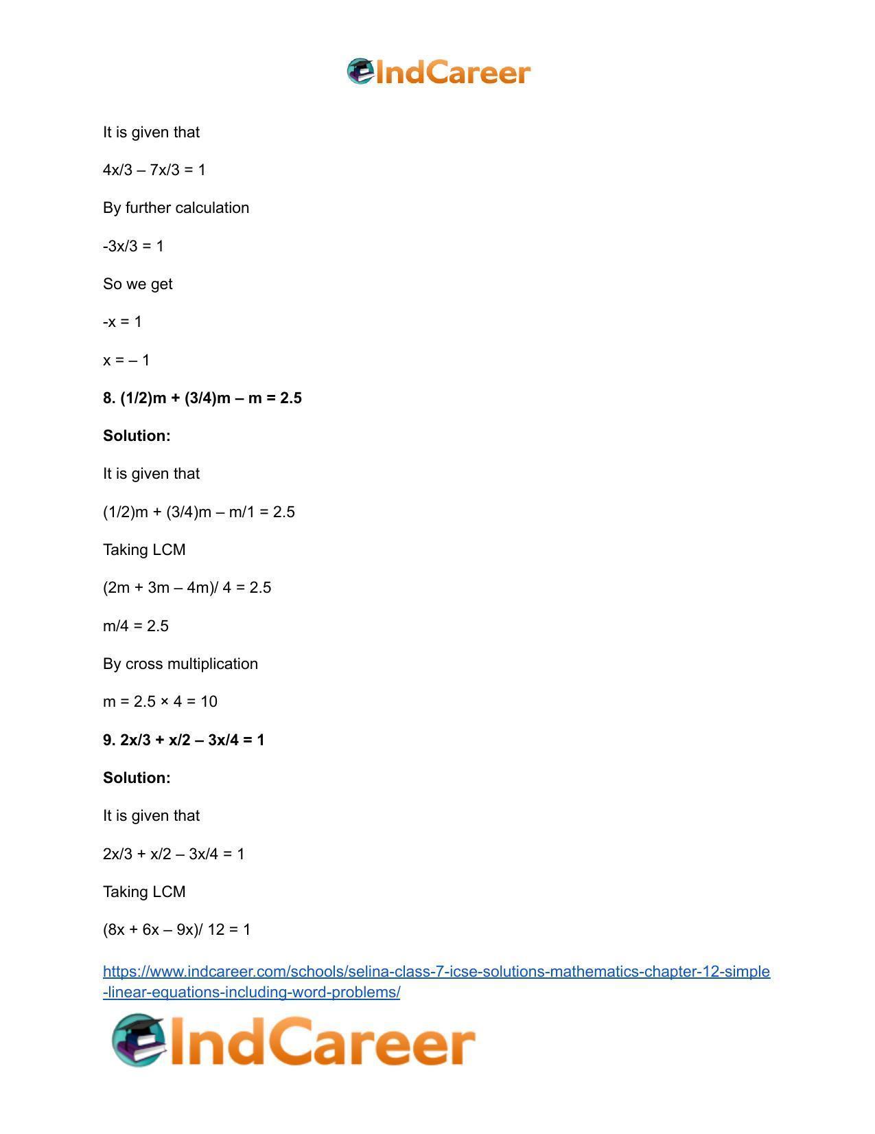 Selina Class 7 ICSE Solutions Mathematics : Chapter 12- Simple Linear Equations (Including Word Problems) - Page 15