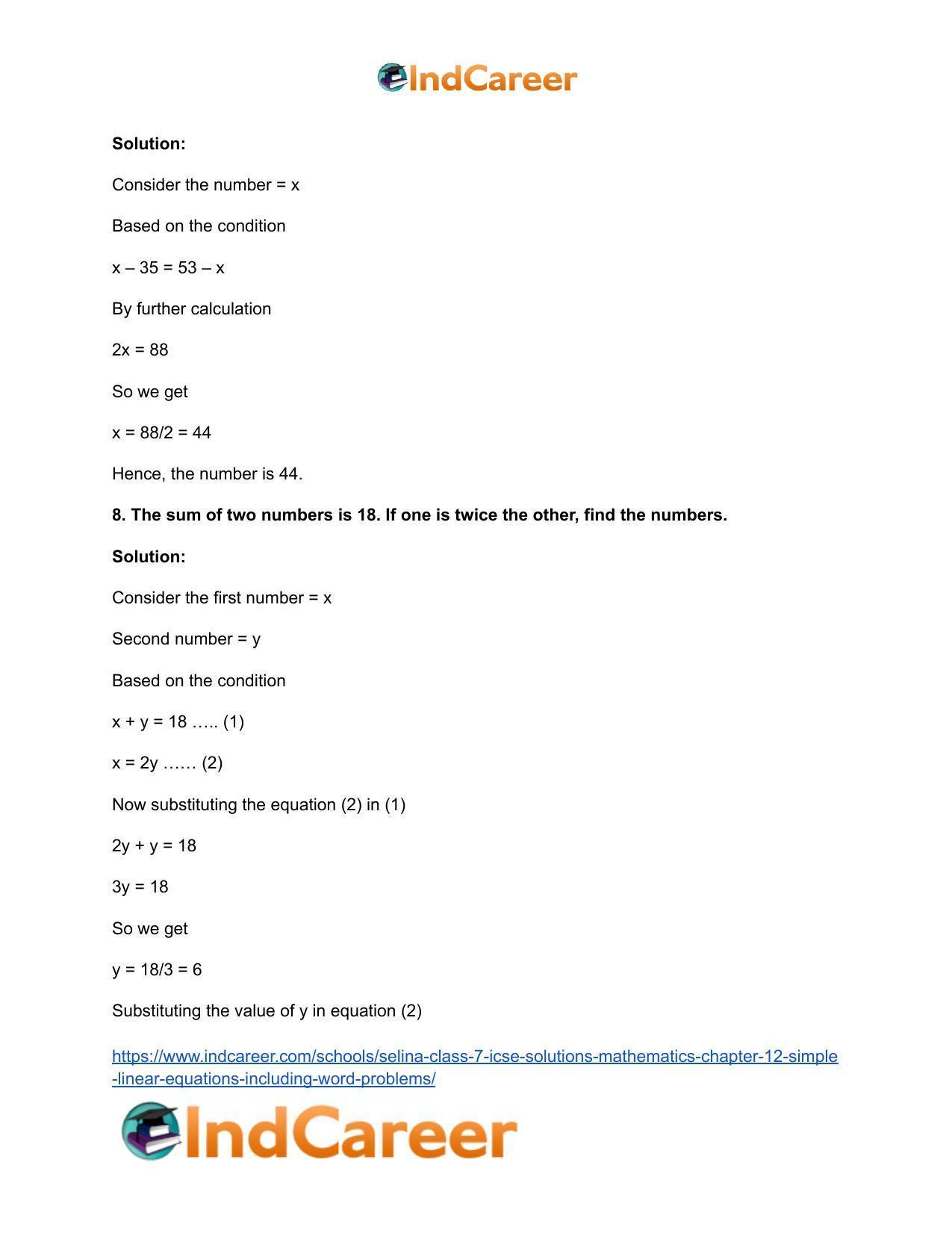 Selina Class 7 ICSE Solutions Mathematics : Chapter 12- Simple Linear Equations (Including Word Problems) - Page 22