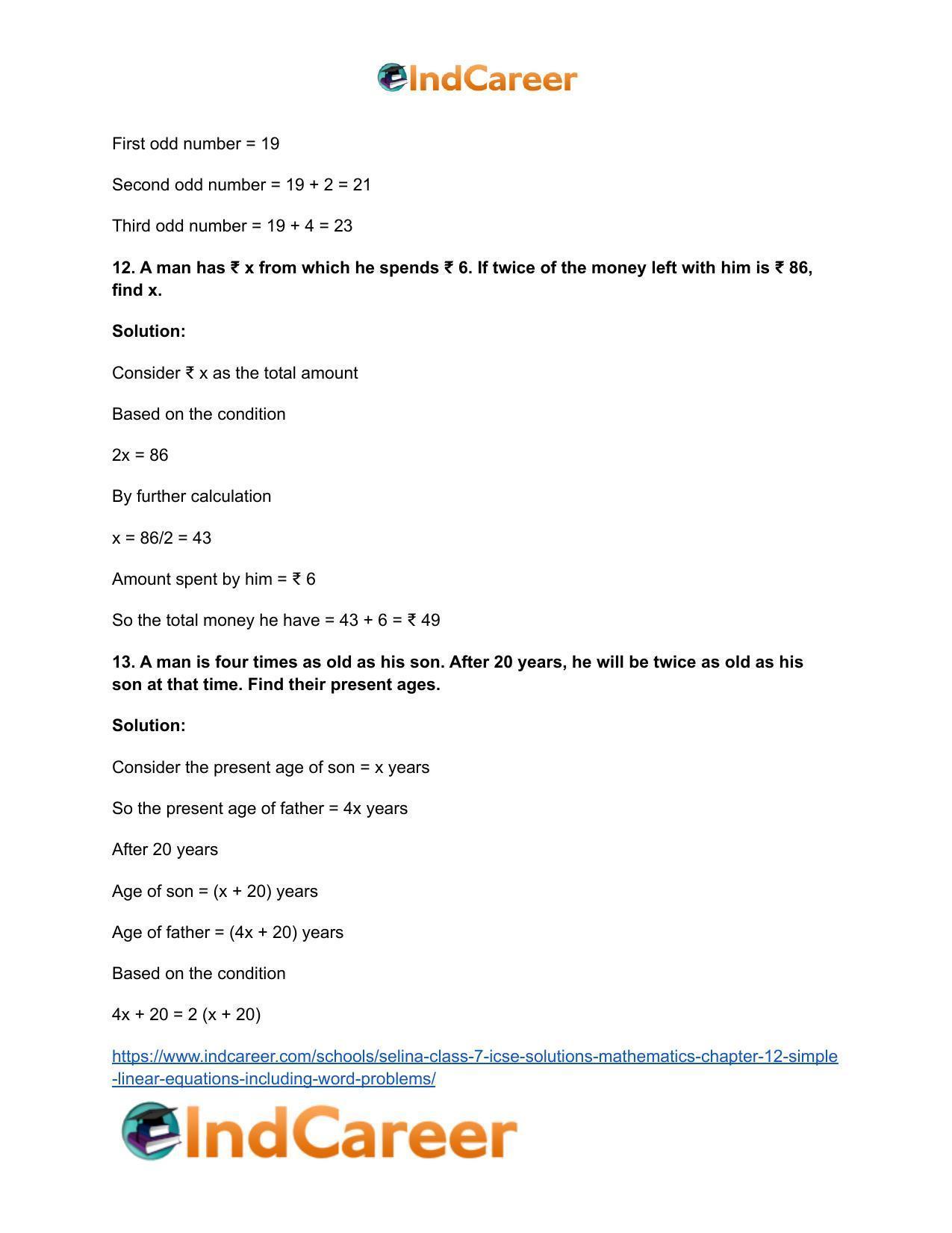 Selina Class 7 ICSE Solutions Mathematics : Chapter 12- Simple Linear Equations (Including Word Problems) - Page 25