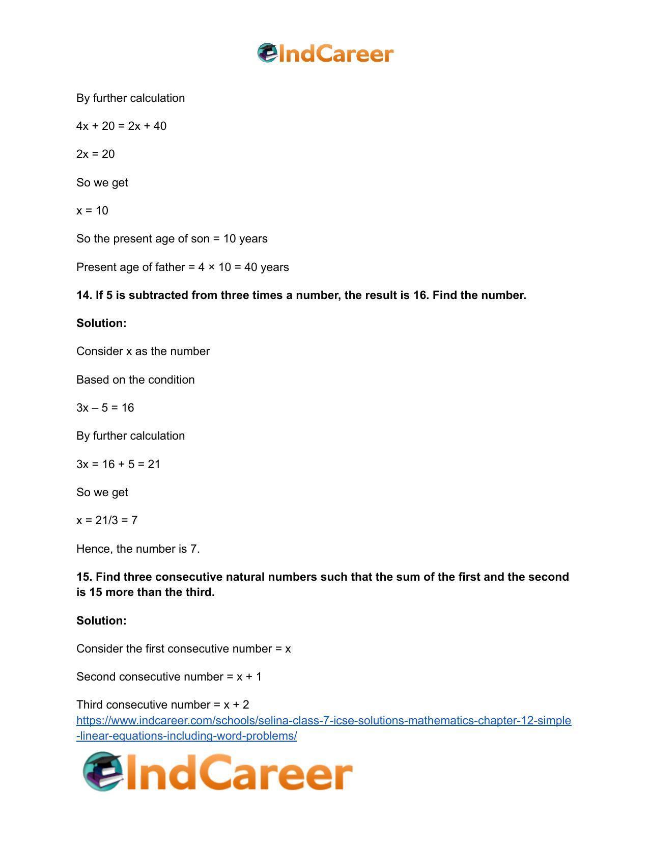 Selina Class 7 ICSE Solutions Mathematics : Chapter 12- Simple Linear Equations (Including Word Problems) - Page 26