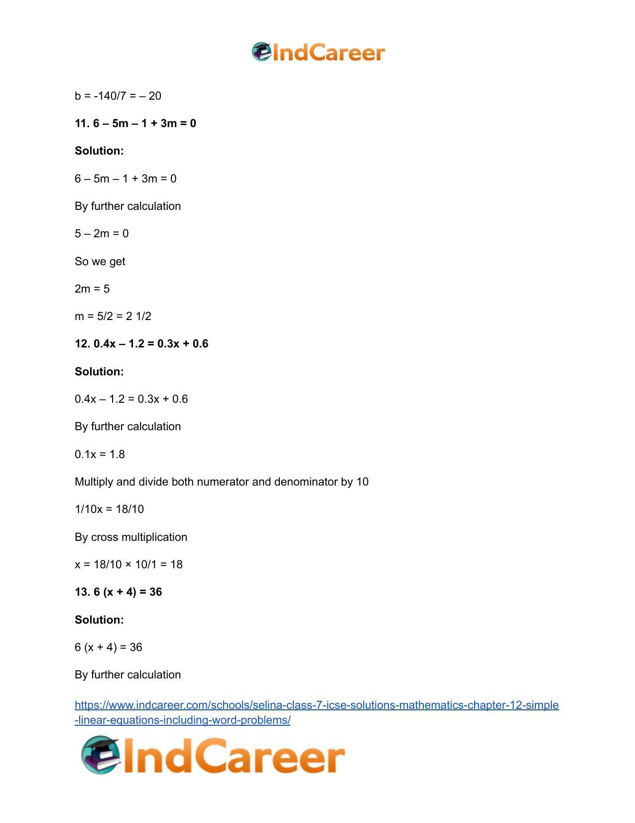 Selina Class 7 ICSE Solutions Mathematics : Chapter 12- Simple Linear Equations (Including Word Problems) - Page 31