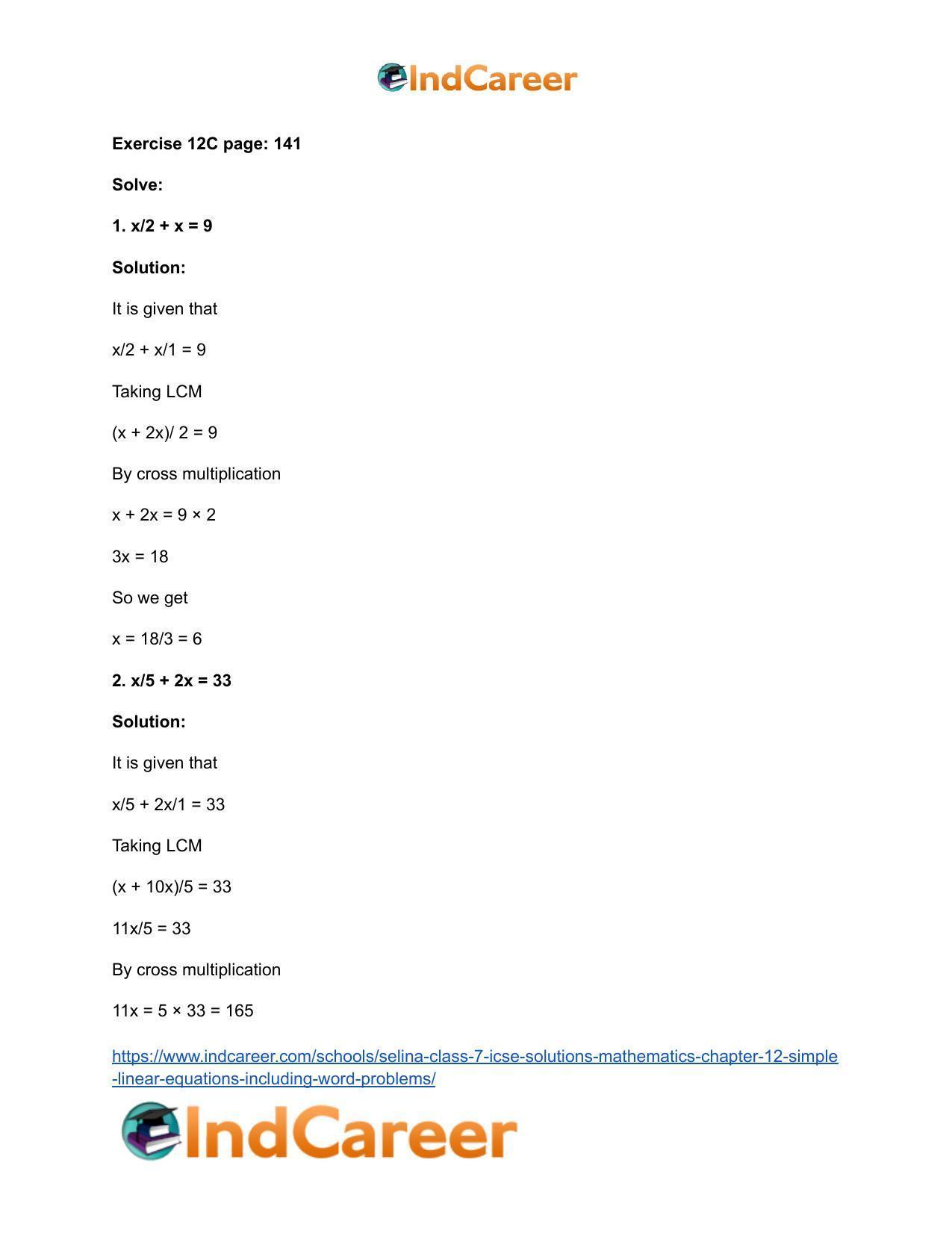 Selina Class 7 ICSE Solutions Mathematics : Chapter 12- Simple Linear Equations (Including Word Problems) - Page 33