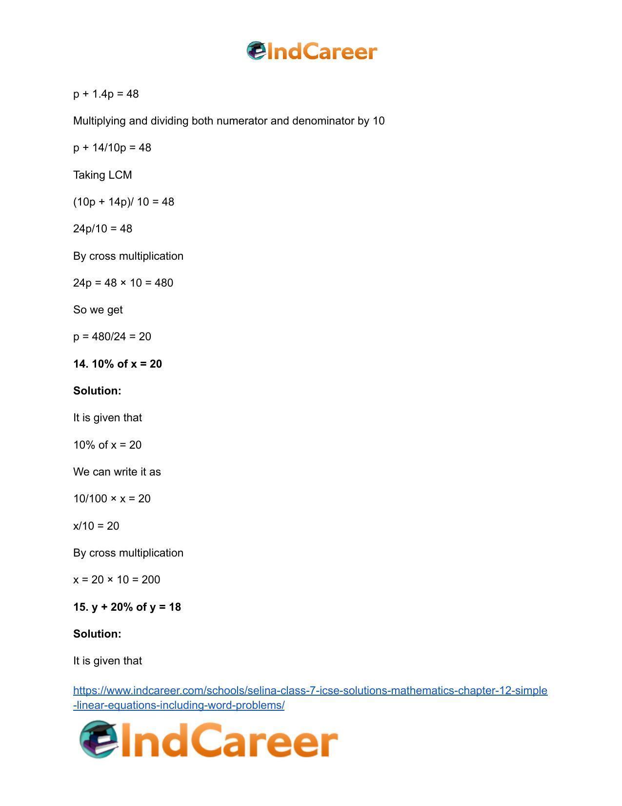 Selina Class 7 ICSE Solutions Mathematics : Chapter 12- Simple Linear Equations (Including Word Problems) - Page 39