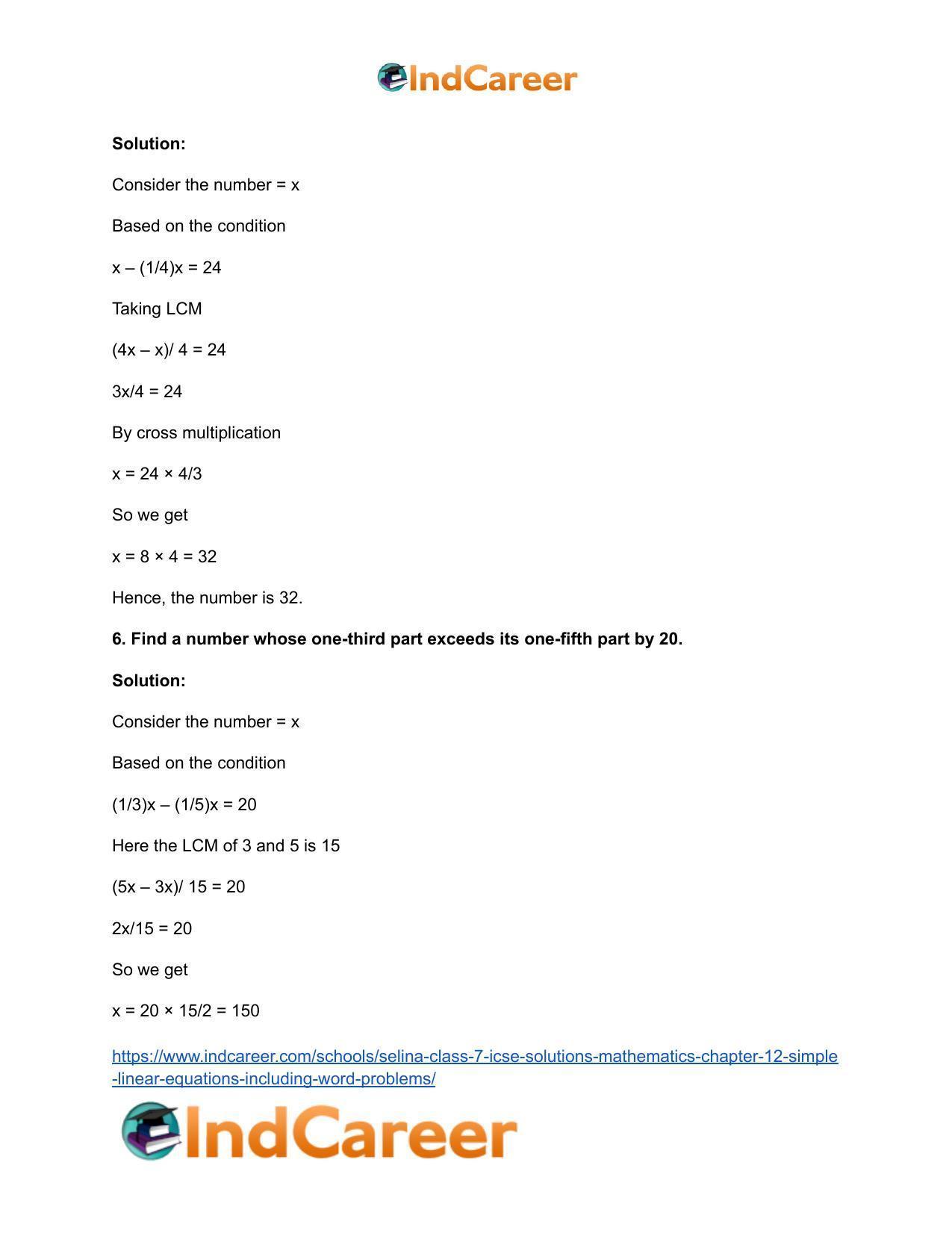 Selina Class 7 ICSE Solutions Mathematics : Chapter 12- Simple Linear Equations (Including Word Problems) - Page 42