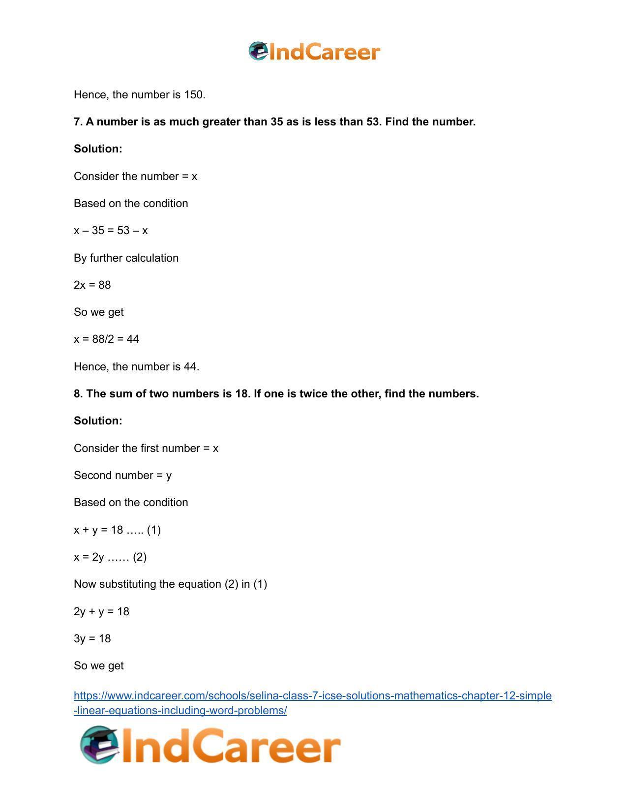 Selina Class 7 ICSE Solutions Mathematics : Chapter 12- Simple Linear Equations (Including Word Problems) - Page 43