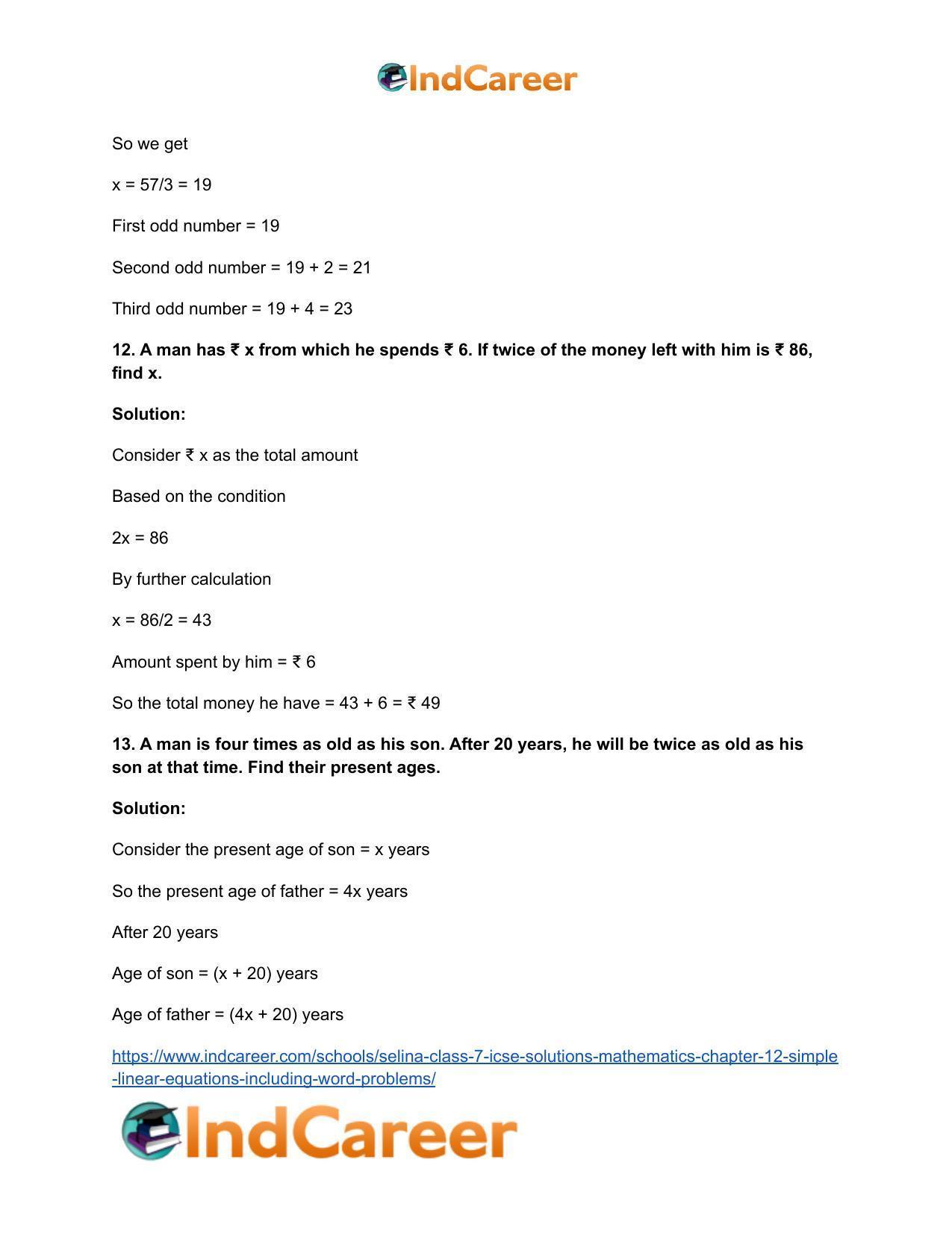 Selina Class 7 ICSE Solutions Mathematics : Chapter 12- Simple Linear Equations (Including Word Problems) - Page 46