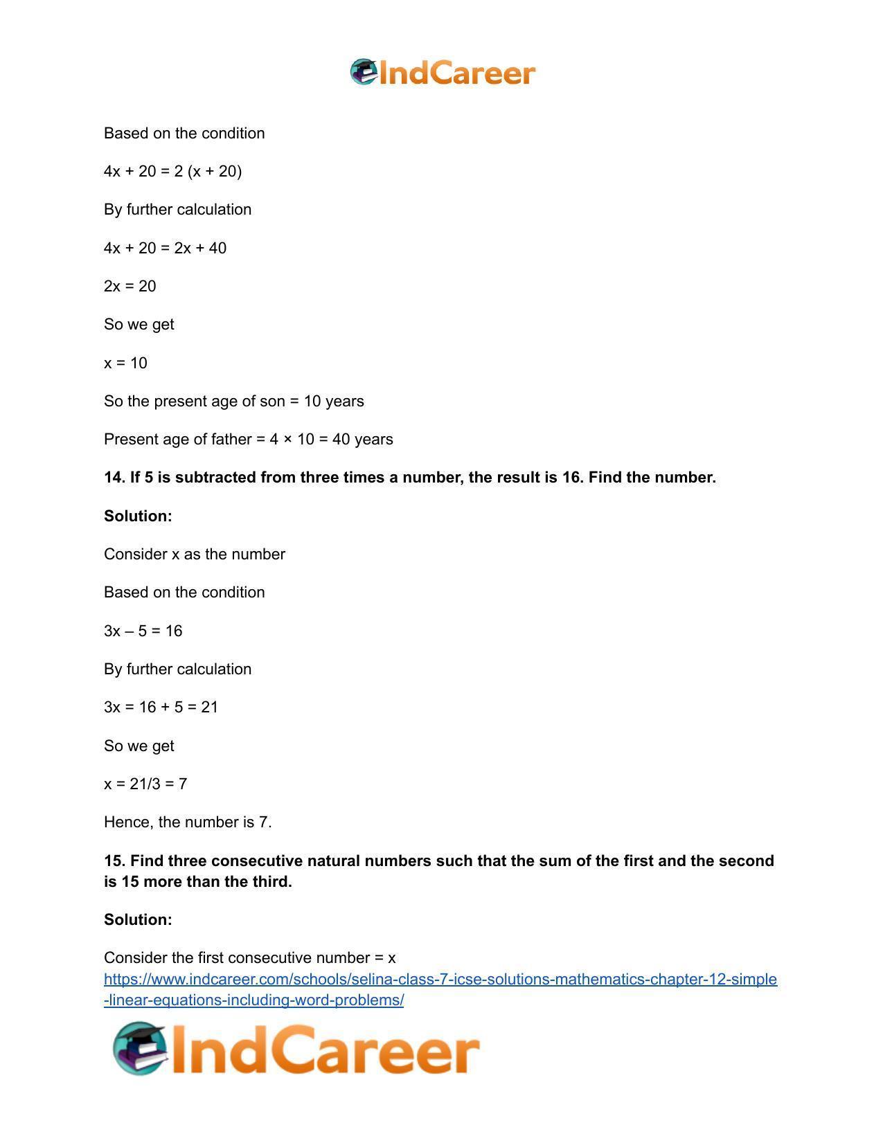 Selina Class 7 ICSE Solutions Mathematics : Chapter 12- Simple Linear Equations (Including Word Problems) - Page 47