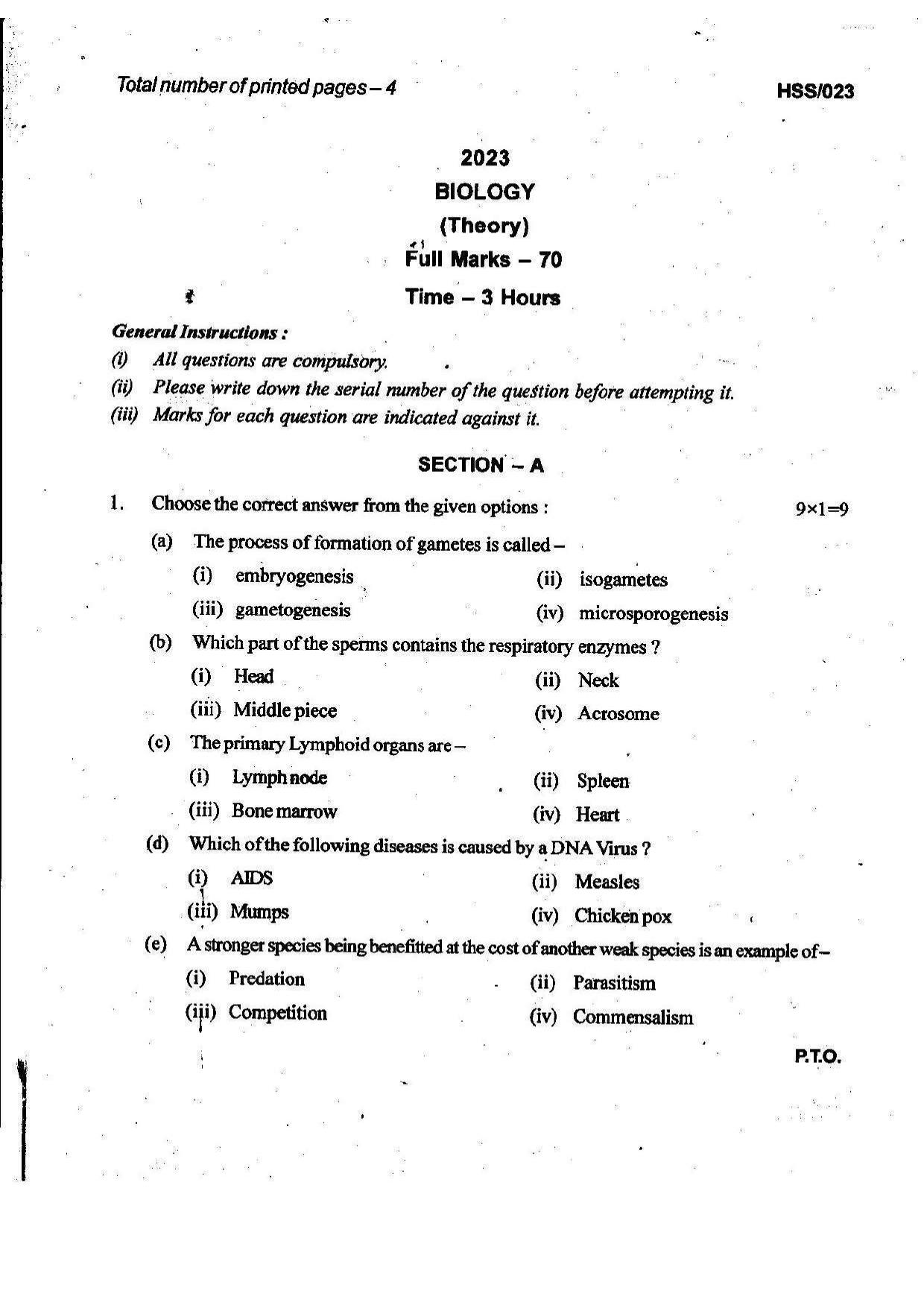 MBSE HSSLC 2023 Science Question Paper - Page 1