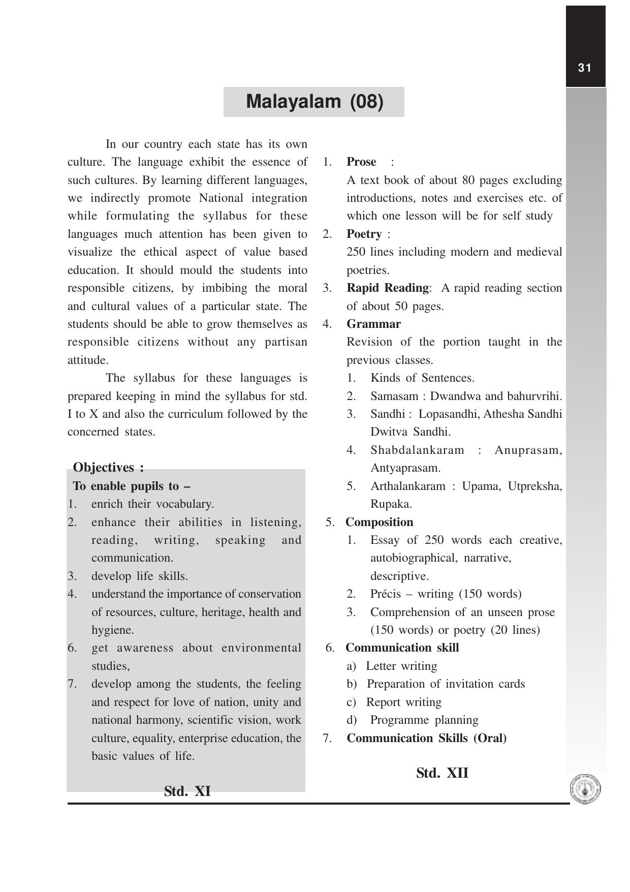 Maharashtra HSC Malayalam Syllabus  - Page 1