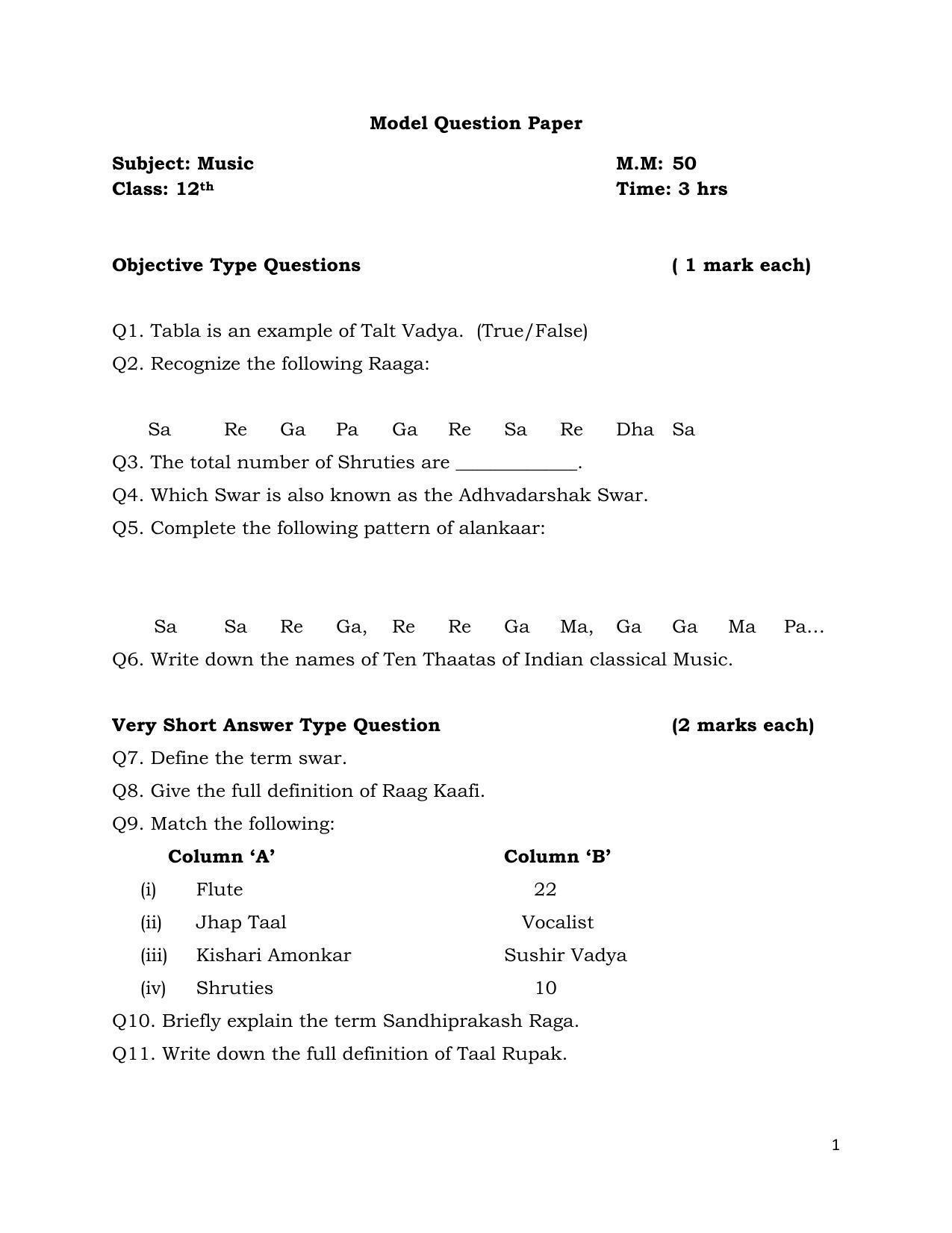 JKBOSE Class 12 Music Model Question Paper 2023 - Page 1