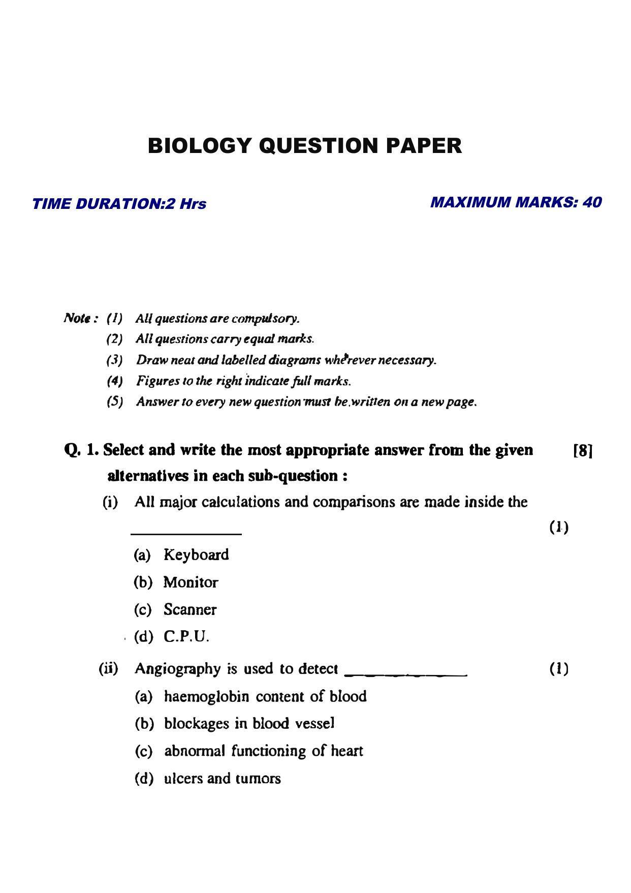 Maharashtra Board HSC Biology 2012 Question Paper - Page 1