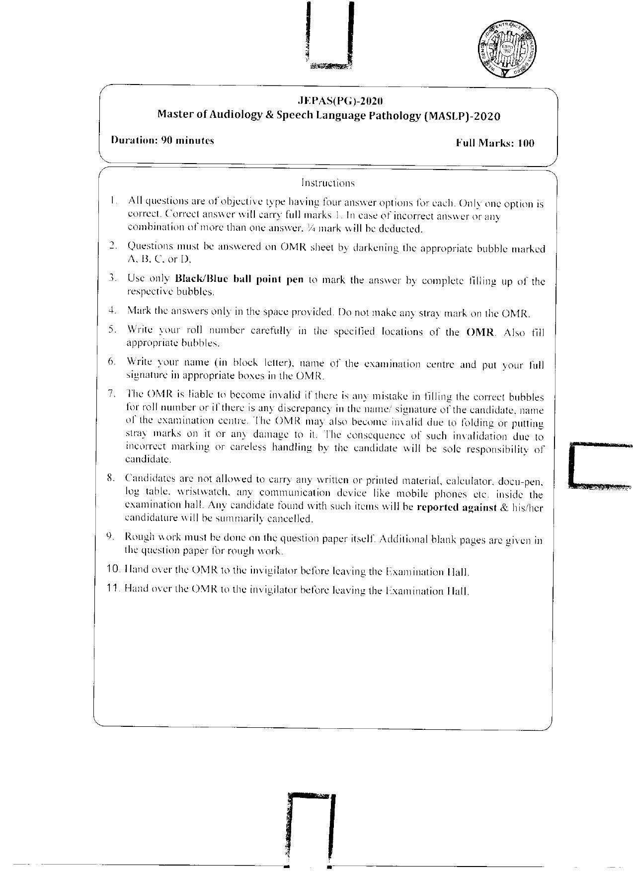 WBJEEB JEMAS (PG) 2020 MASLP Question Paper - Page 1