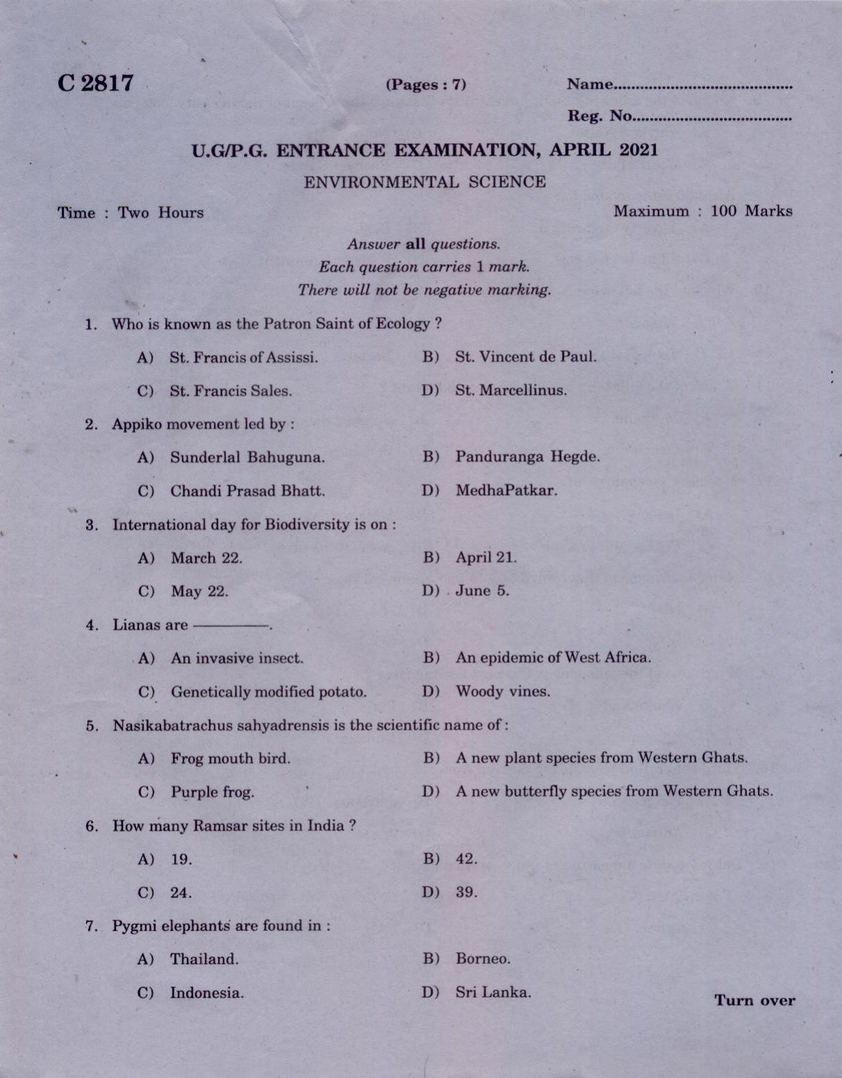 CUCAT 2021 M.Sc Environmental Science Question Paper - Page 1