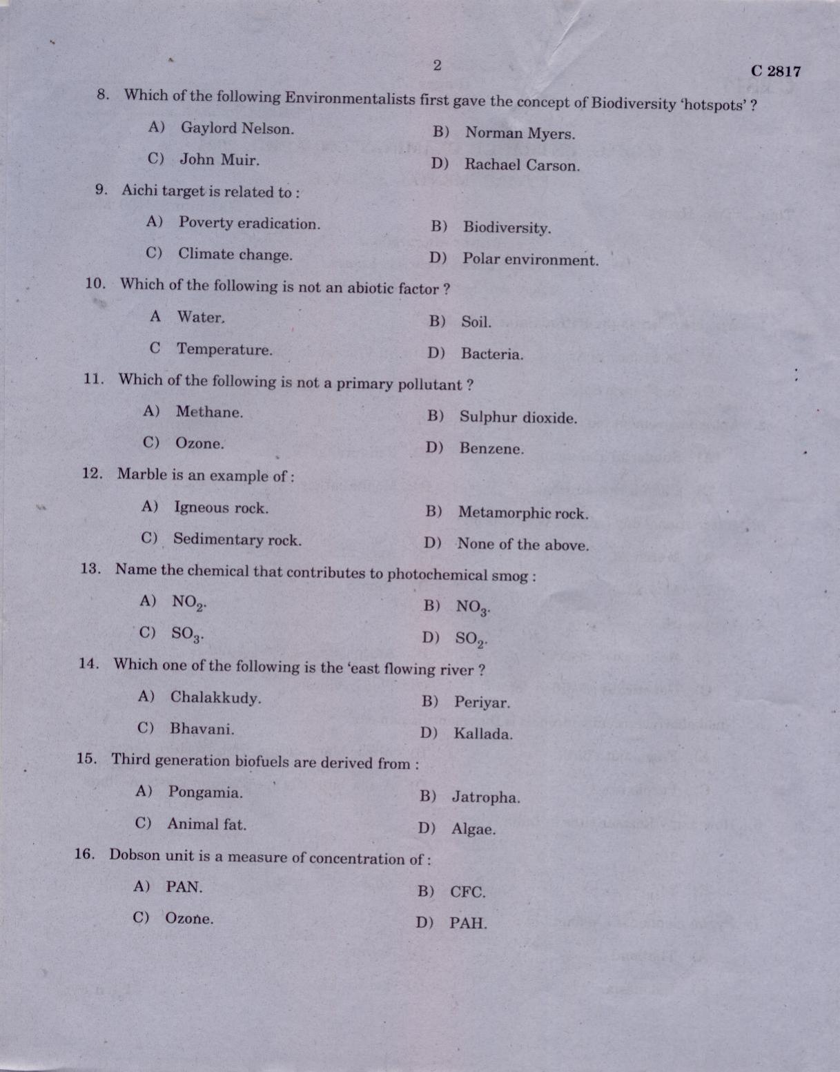 CUCAT 2021 M.Sc Environmental Science Question Paper - Page 2