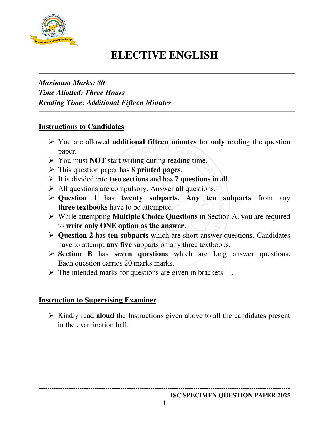 ISC Class 12 2025 ELECTIVE ENGLISH (SQP & AK) Specimen Paper - Page 1