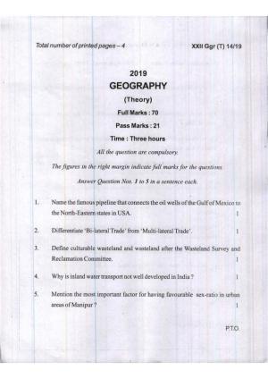 COHSEM Class 12 Geography 2019 Question Papers