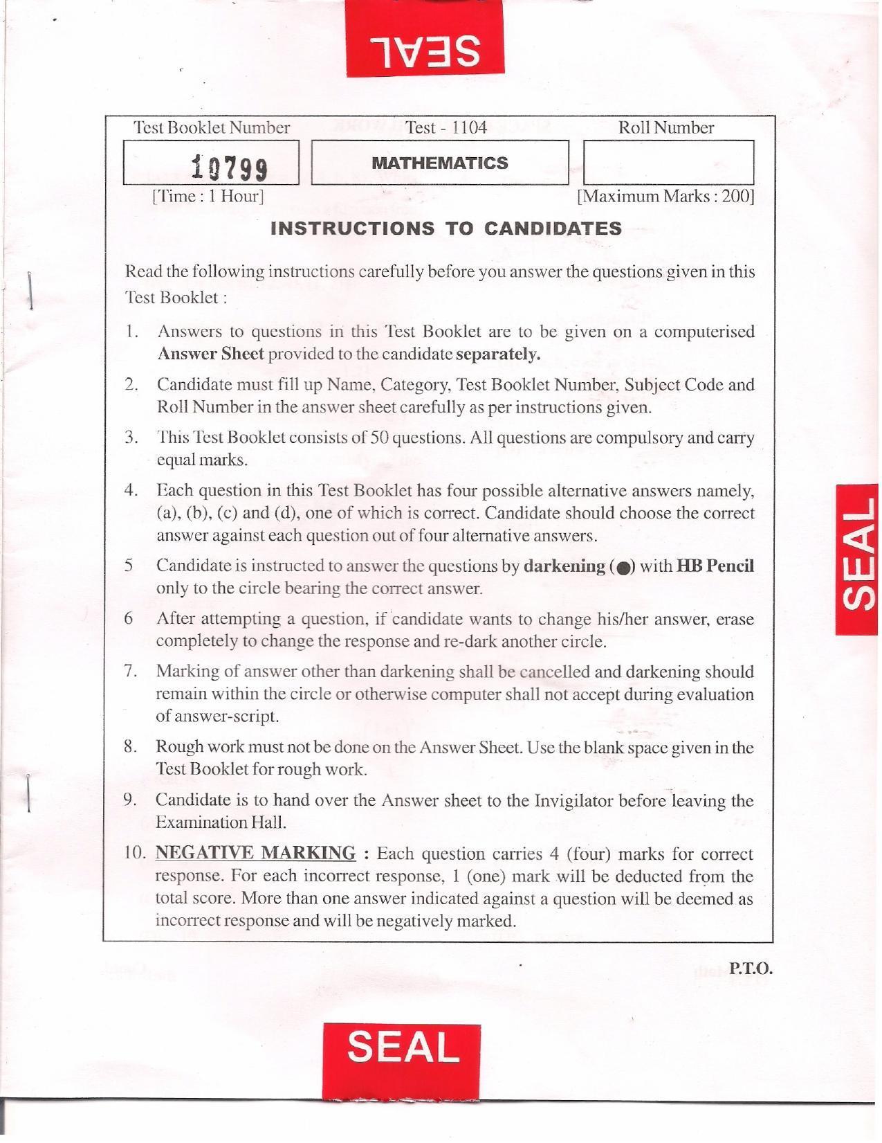 APJEE Mathematics 2011 Question Paper - Page 1