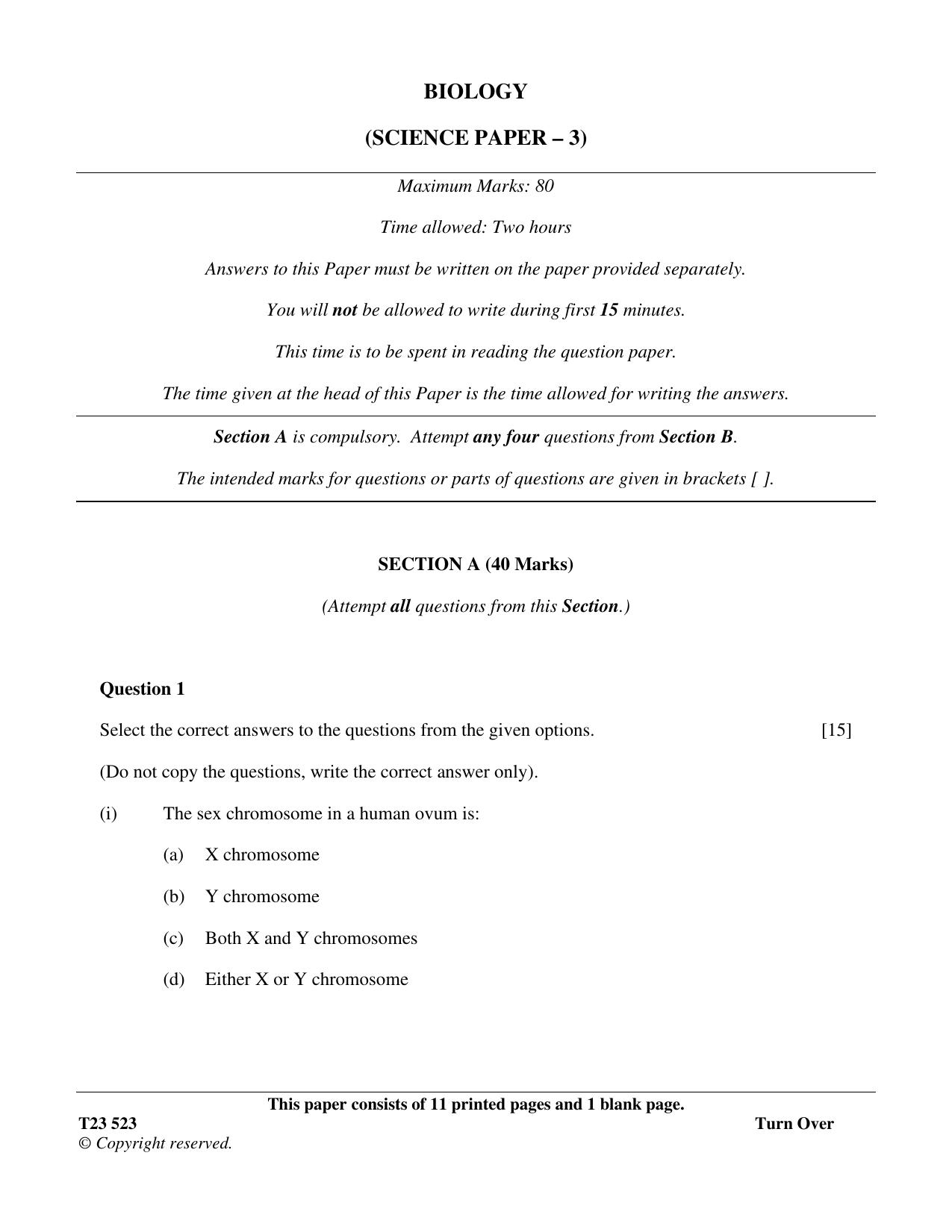 ICSE Class 10 BIOLOGY (SCIENCE PAPER 3) 2023 Question Paper - Page 1