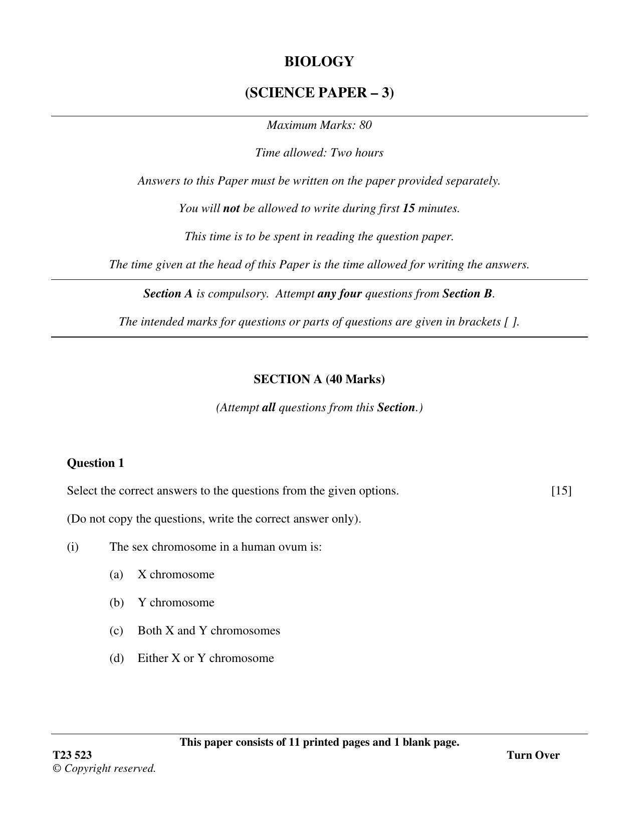ICSE Class 10 BIOLOGY (SCIENCE PAPER 3) 2023 Question Paper - Page 1