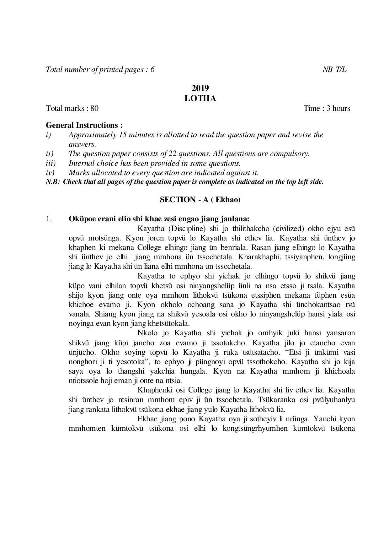 Nagaland Board Class 10 LOTHA 2019 Question Paper - Page 1
