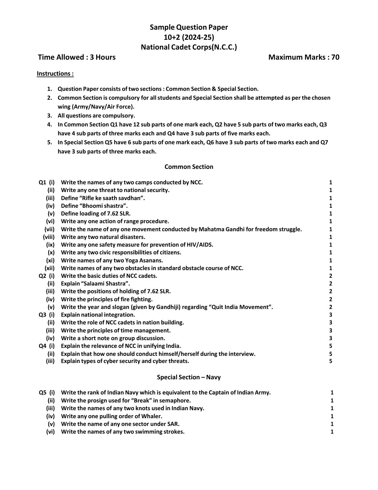 PSEB 12th NCC (MTP) Model Paper 2025 - Page 1