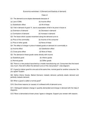 CBSE Worksheets for Class 12 Economics Demand and Elasticity of demand