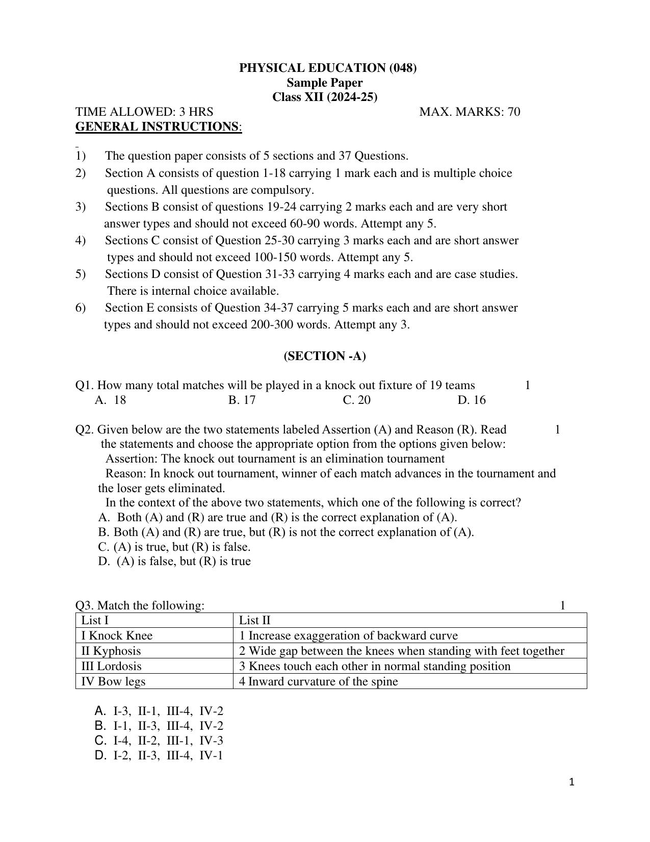 CBSE Class 12 Physical Education Sample Question Paper 2024-25 - Page 1