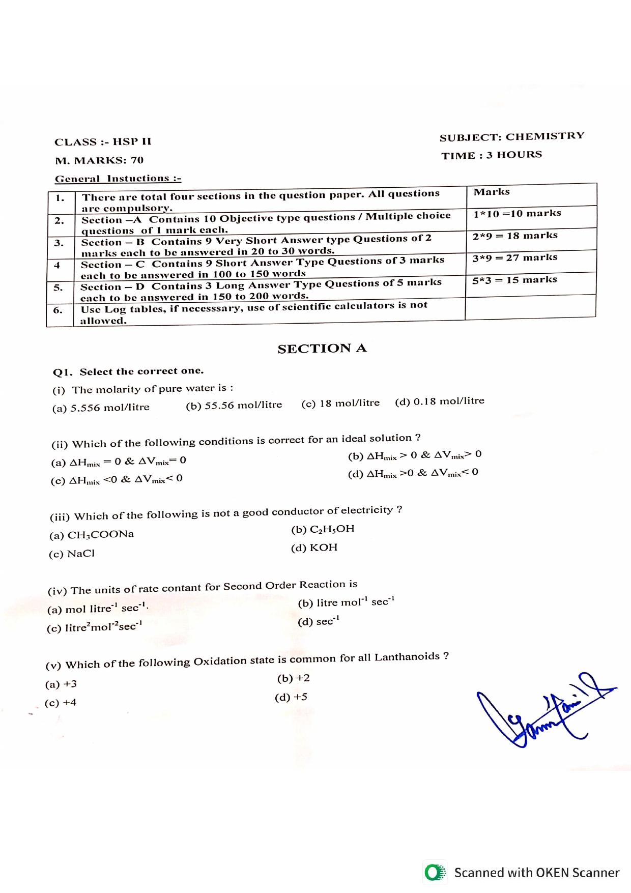 JKBOSE Class 12 Chemistry Model Question Paper - Page 1