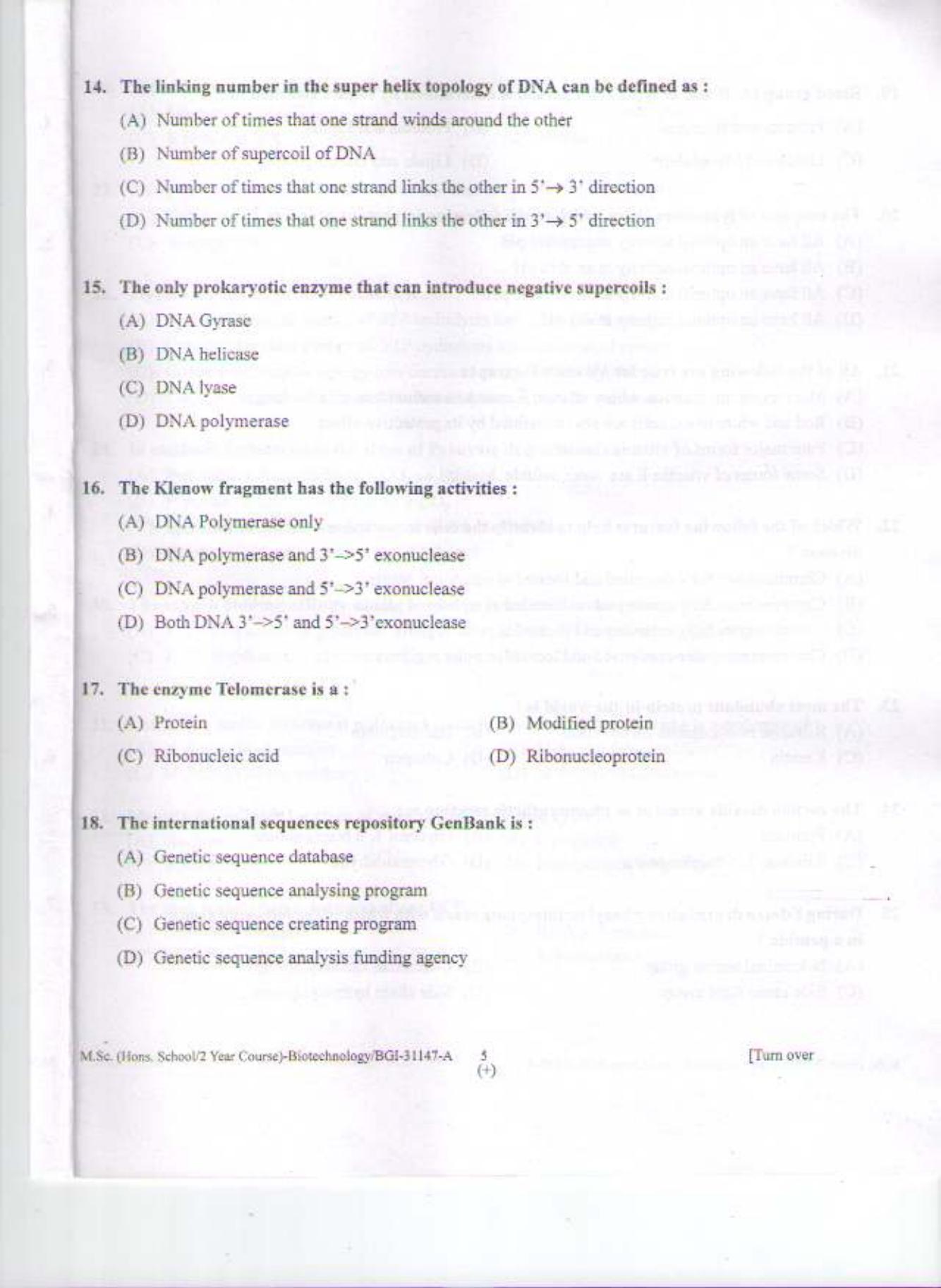PU CET PG 2015: MSc (HS/2yr)(Biotechnology) Question Paper - Page 4