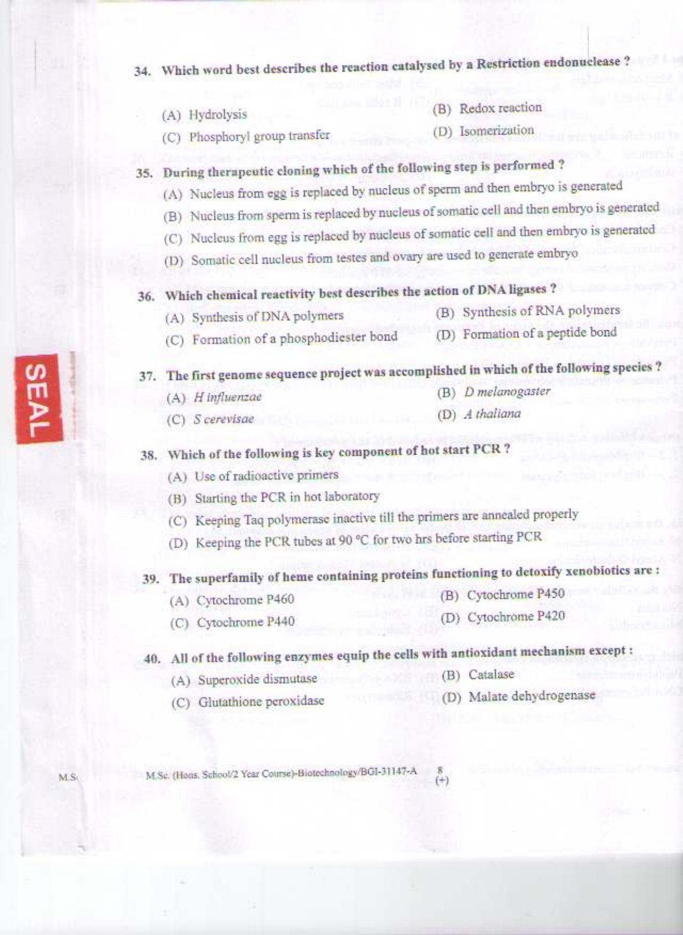 PU CET PG 2015: MSc (HS/2yr)(Biotechnology) Question Paper - Page 7