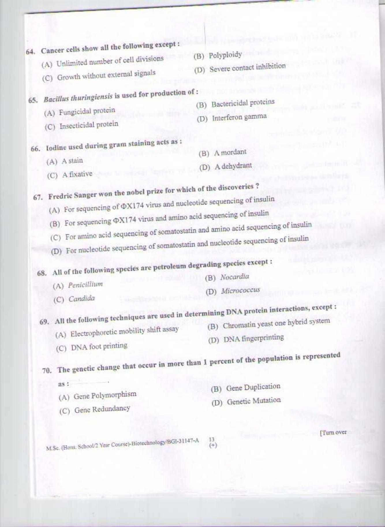PU CET PG 2015: MSc (HS/2yr)(Biotechnology) Question Paper - Page 12
