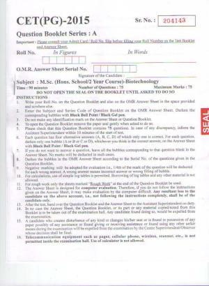 PU CET PG 2015: MSc (HS/2yr)(Biotechnology) Question Paper