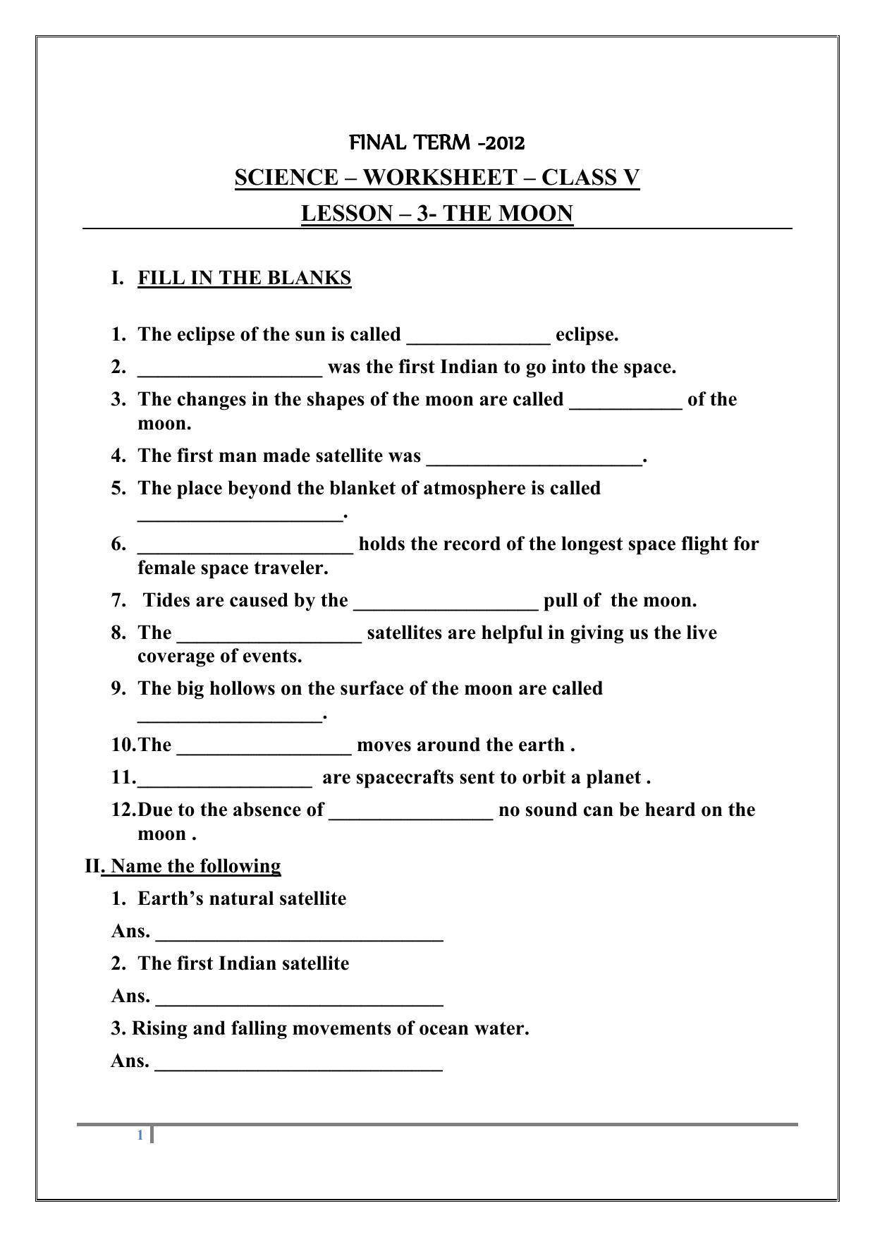 Worksheet for Class 5 Science Assignment 17 - Page 1