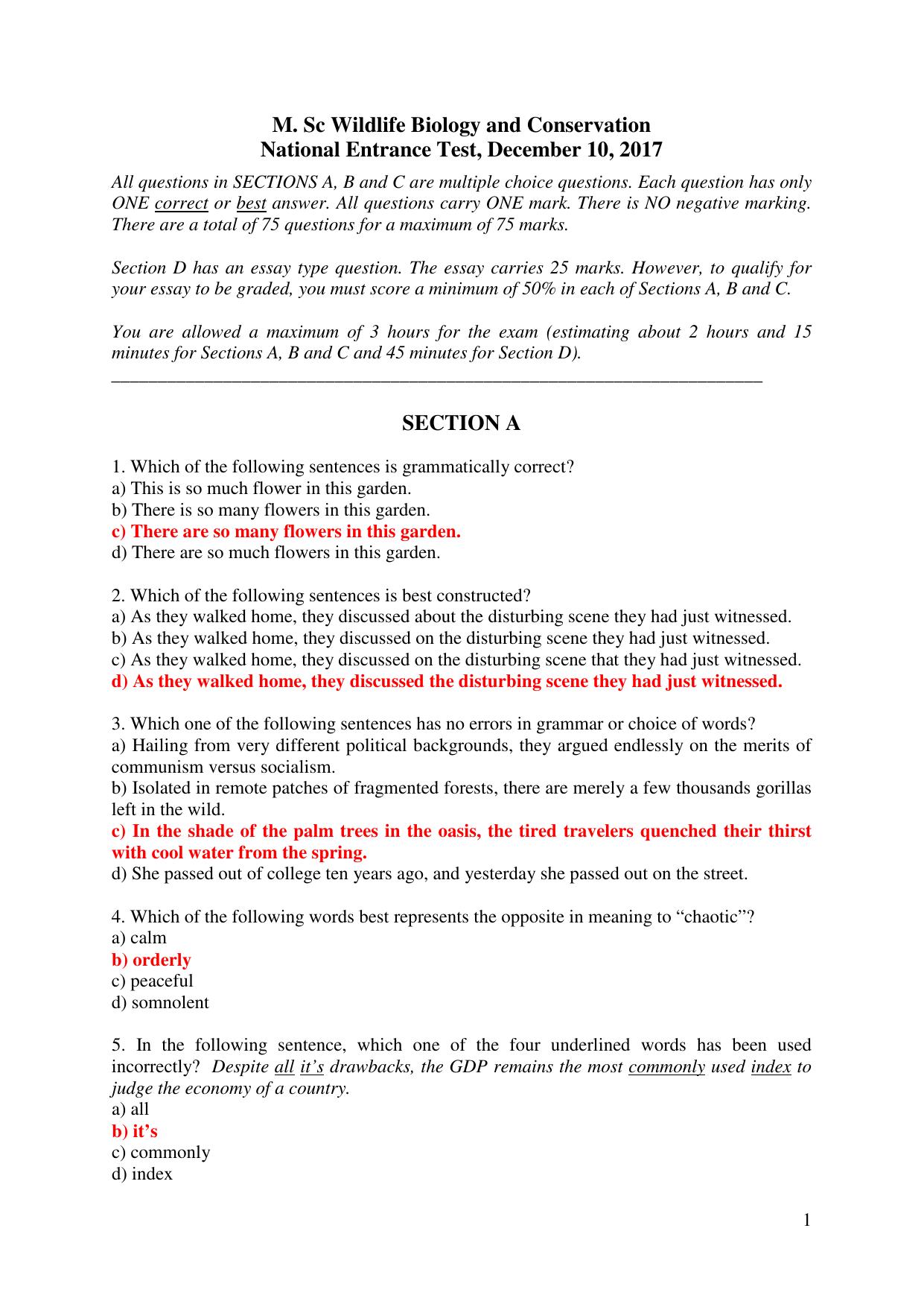 JGEEBILS Wildlife Biology & Conservation Question Paper 2018 - Page 1