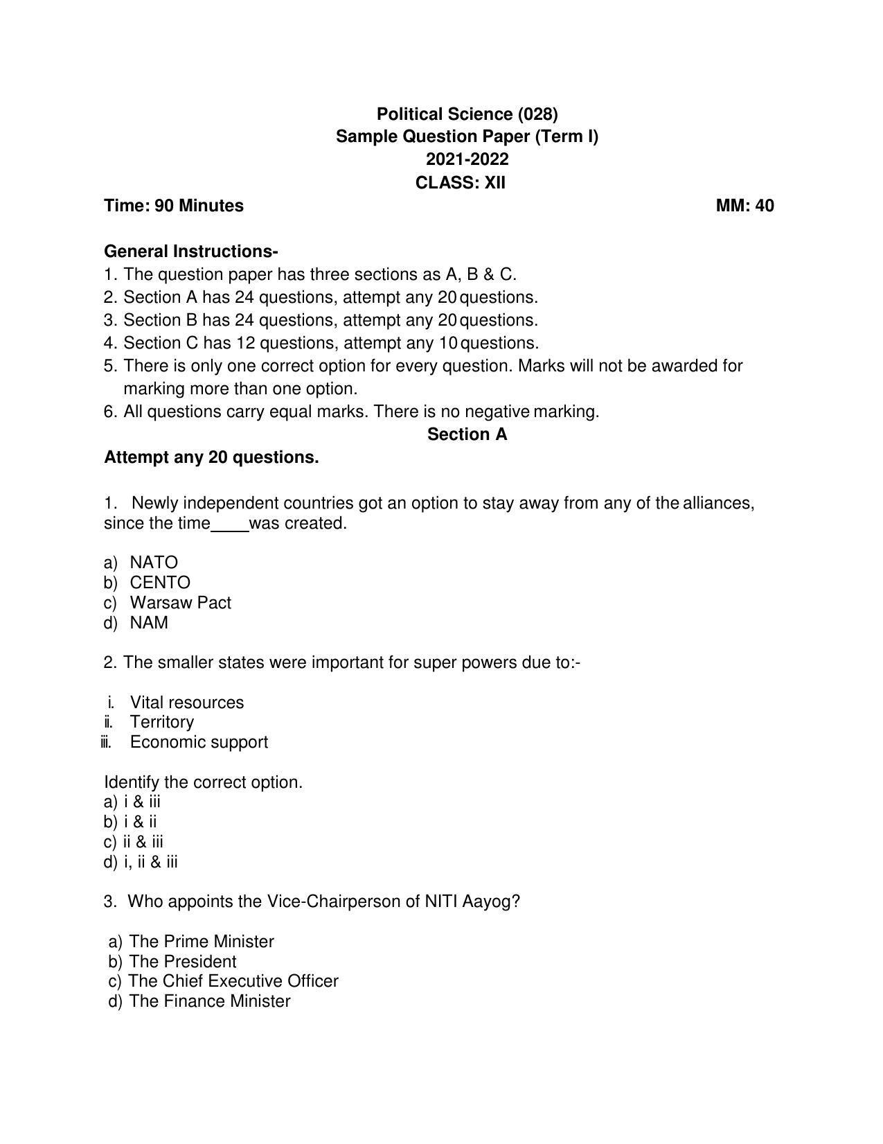 CBSE Class 12th Political Science Sample Question Paper 2021-22 - Page 1