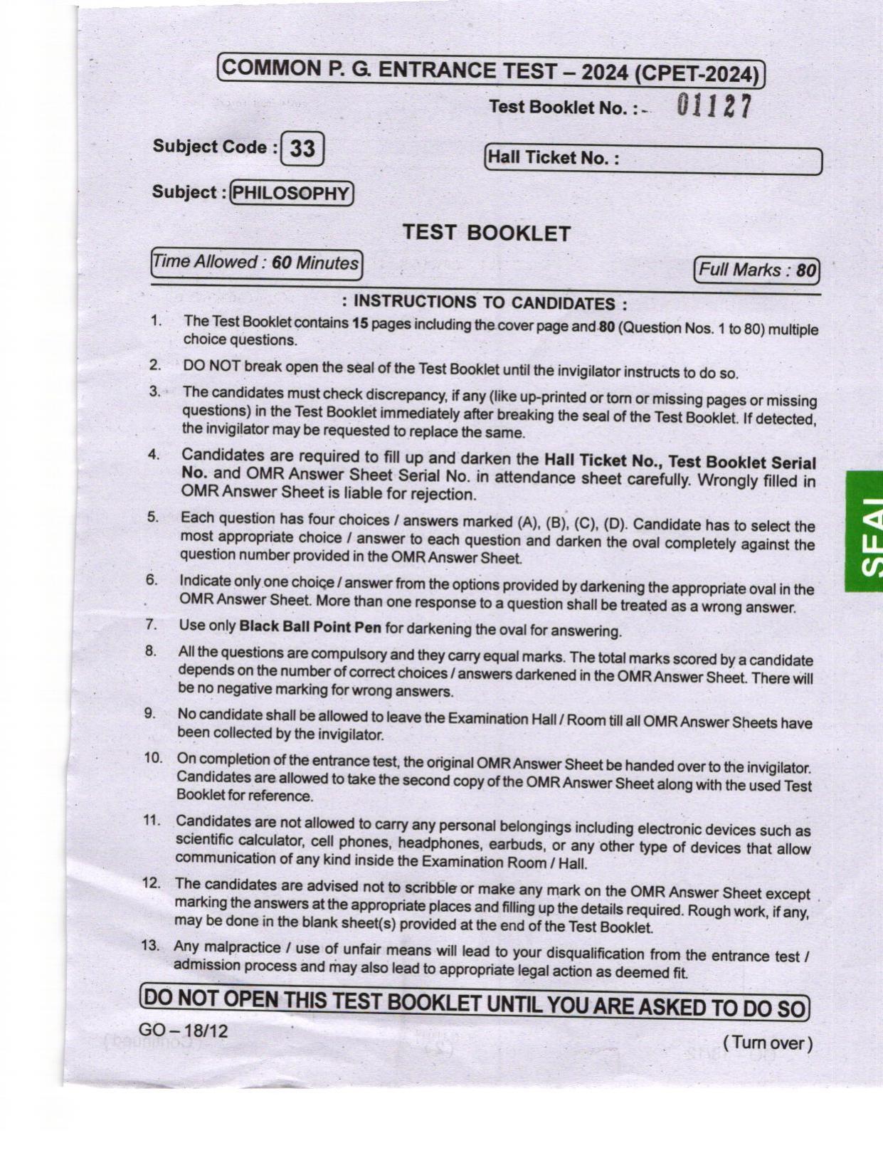 Odisha CPET 2024 PHILOSOPHY Question Papers - Page 1