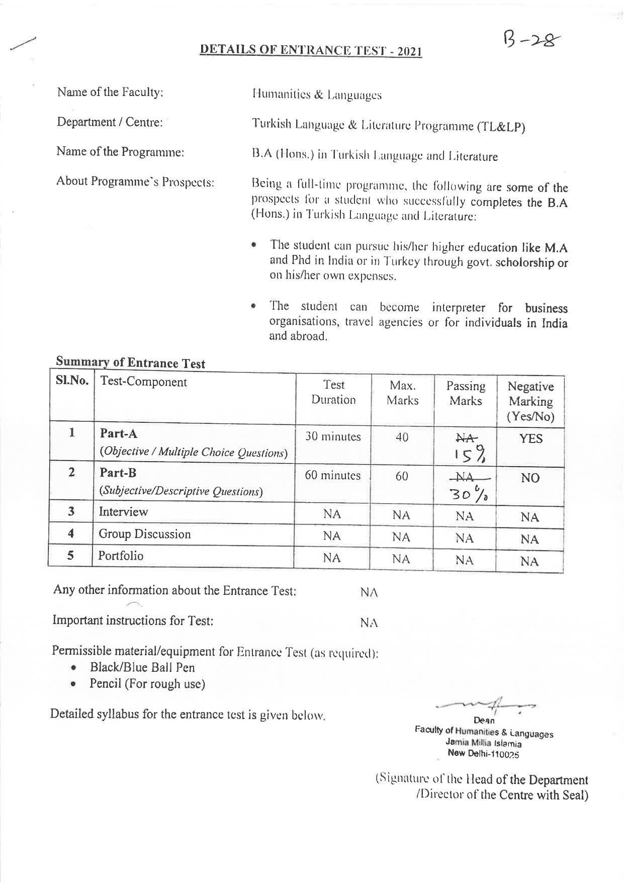 JMI Entrance Exam B28-B.A. (Hons.) (Turkish Language & Literature) Syllabus - Page 1