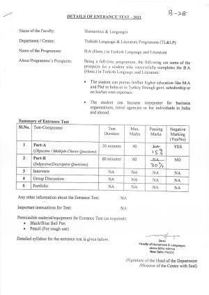 JMI Entrance Exam B28-B.A. (Hons.) (Turkish Language & Literature) Syllabus