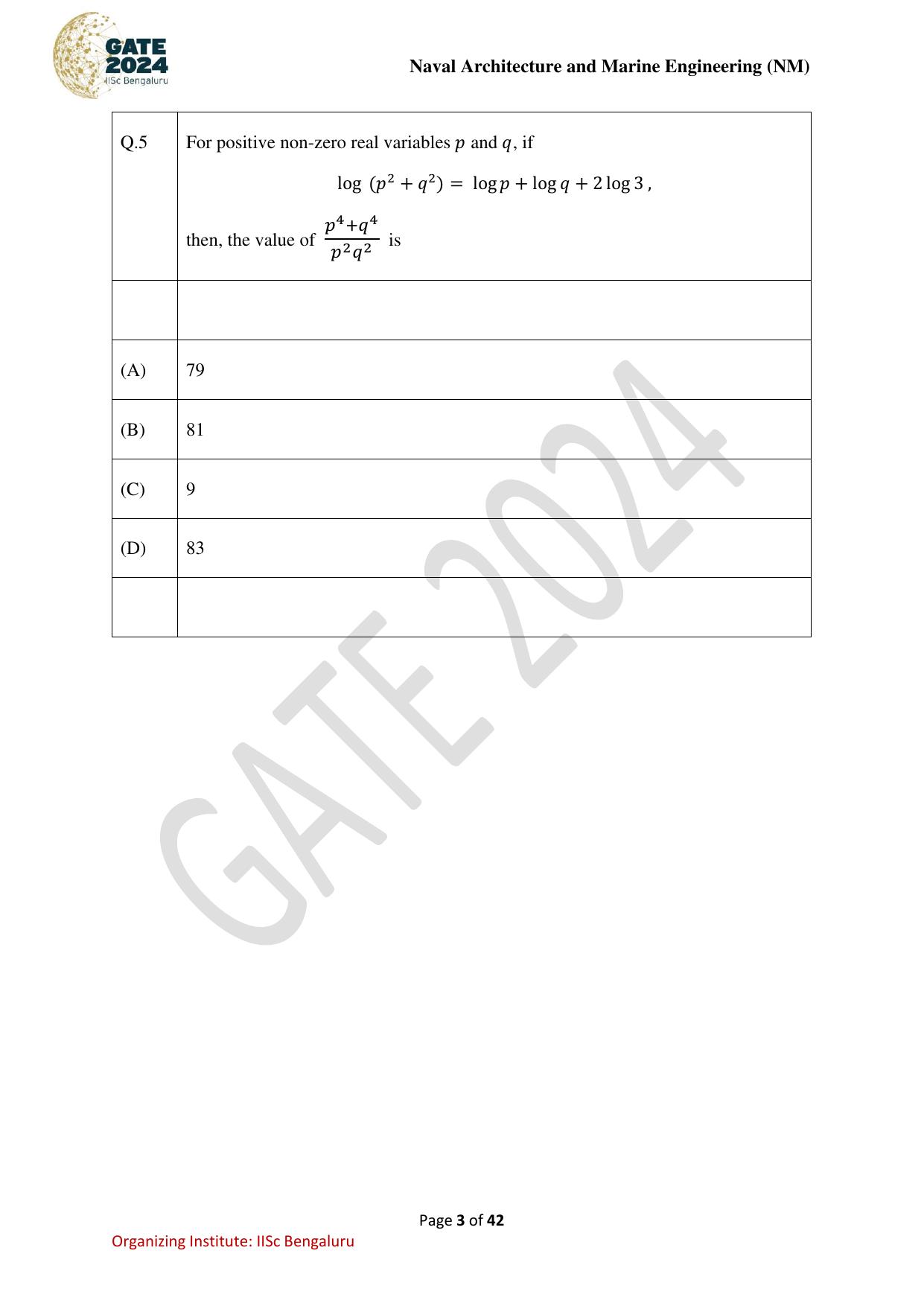 GATE 2024 Naval Architecture and Marine Engineering (NM) Question Paper - Page 3