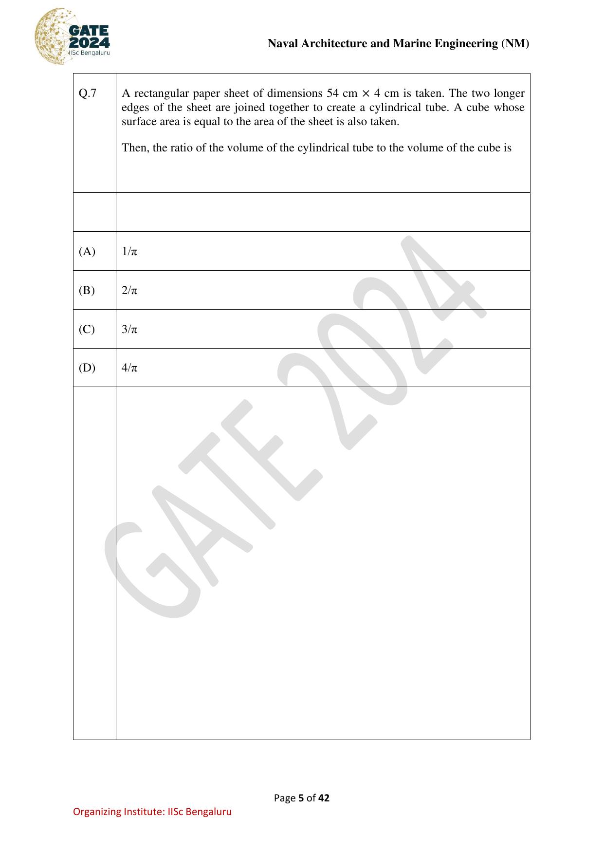 GATE 2024 Naval Architecture and Marine Engineering (NM) Question Paper - Page 5