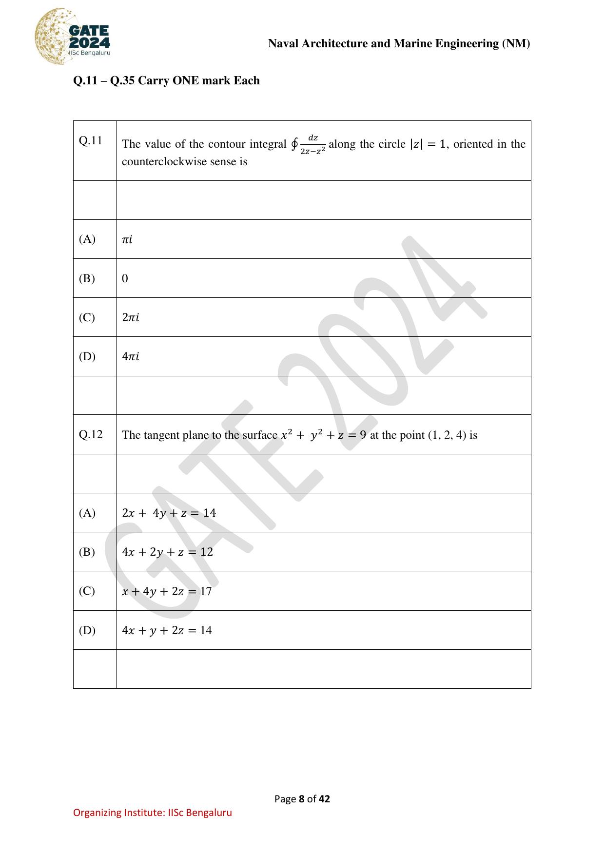 GATE 2024 Naval Architecture and Marine Engineering (NM) Question Paper - Page 8