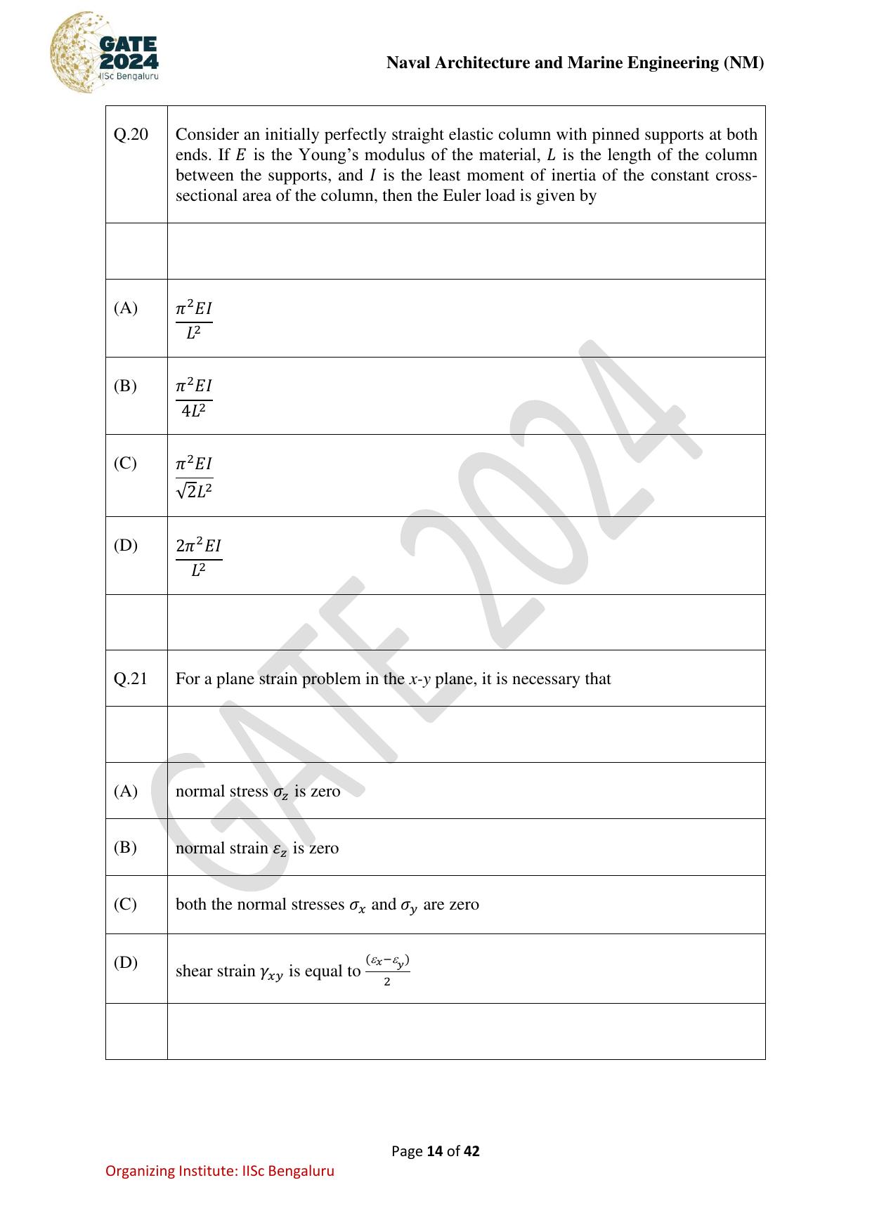 GATE 2024 Naval Architecture and Marine Engineering (NM) Question Paper - Page 14