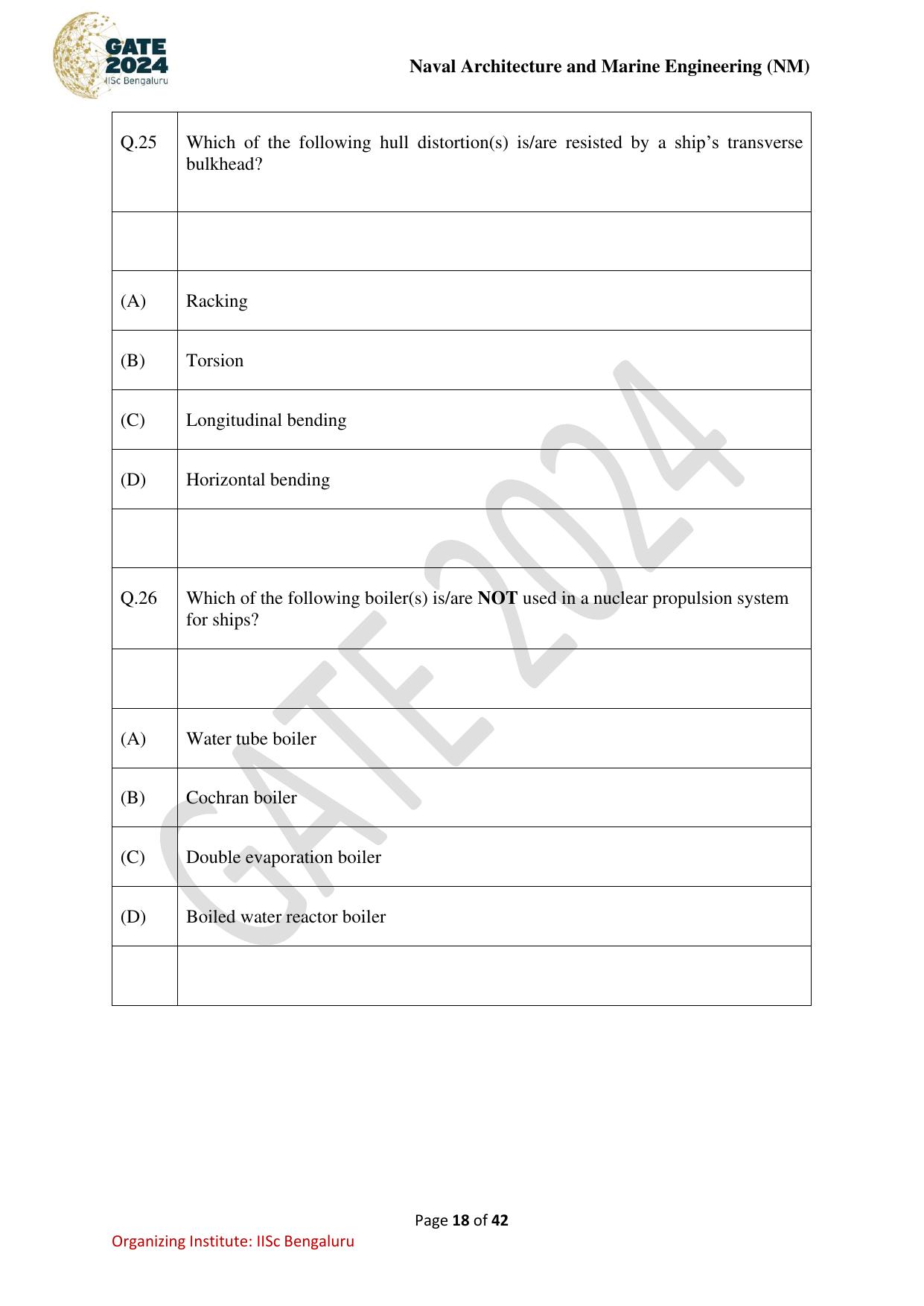 GATE 2024 Naval Architecture and Marine Engineering (NM) Question Paper - Page 18