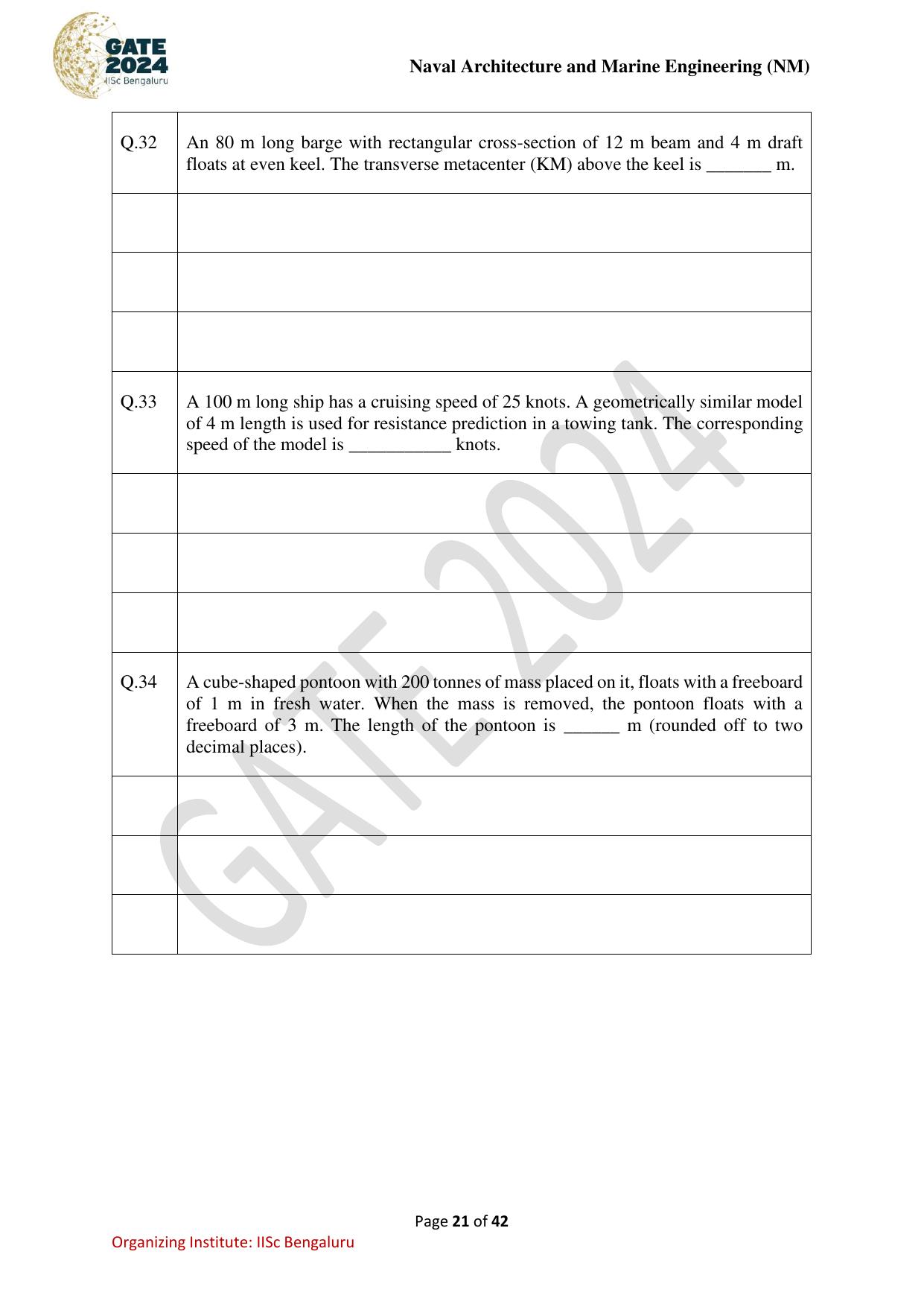 GATE 2024 Naval Architecture and Marine Engineering (NM) Question Paper - Page 21