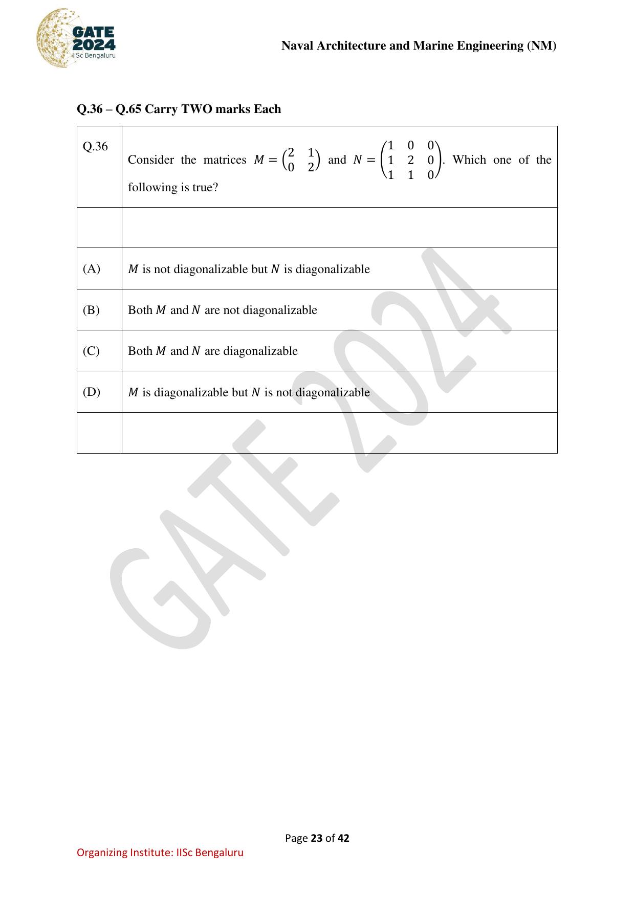 GATE 2024 Naval Architecture and Marine Engineering (NM) Question Paper - Page 23