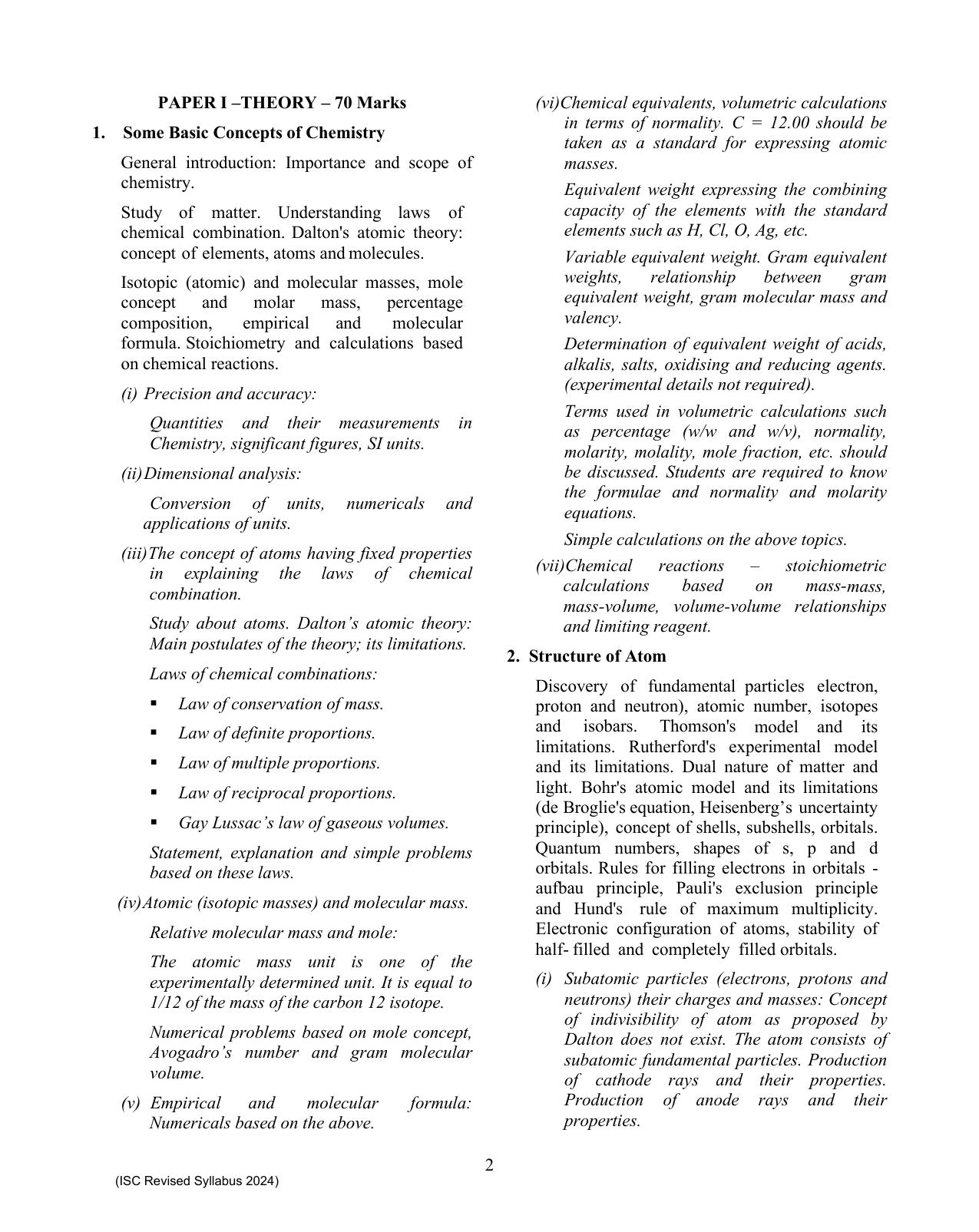 ISC Class XI Chemistry 2025 Syllabus - Page 2