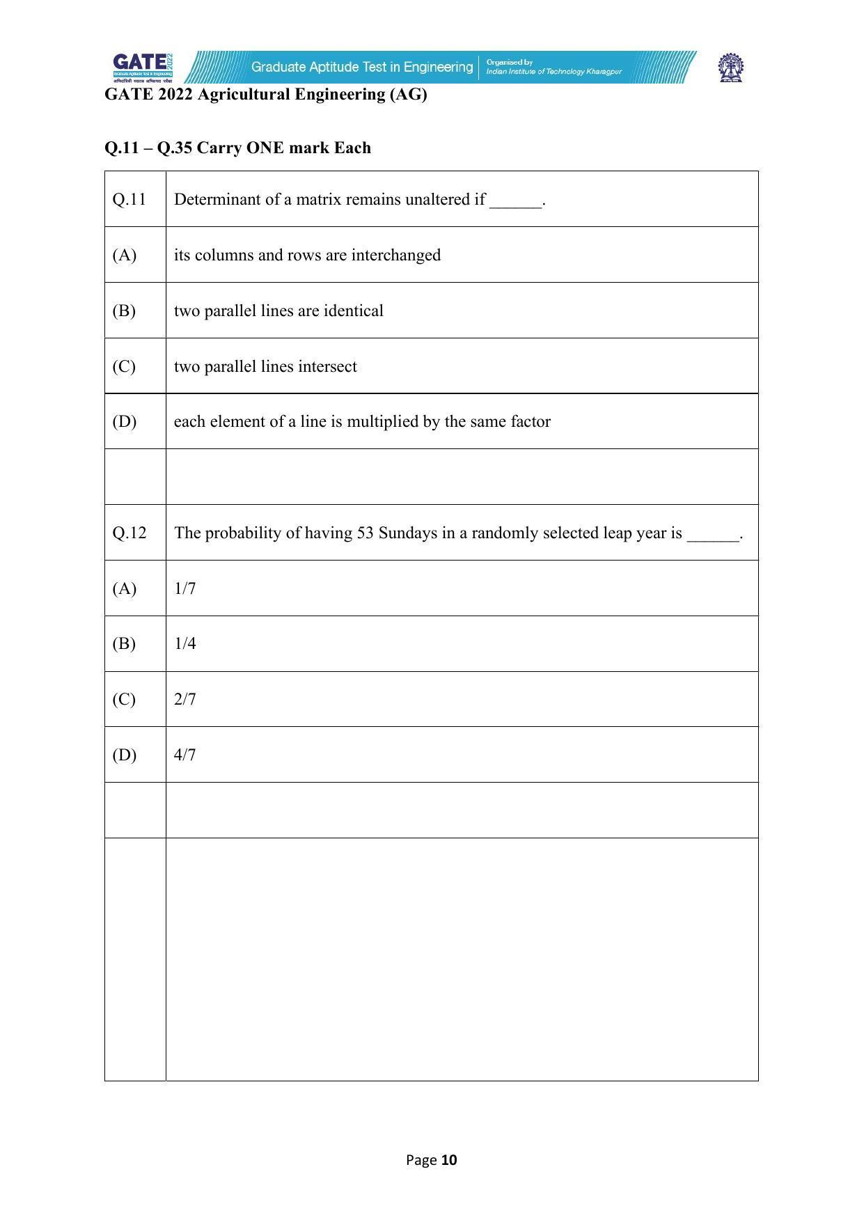 GATE 2022 Agricultural Engineering (AG) Question Paper - Page 10