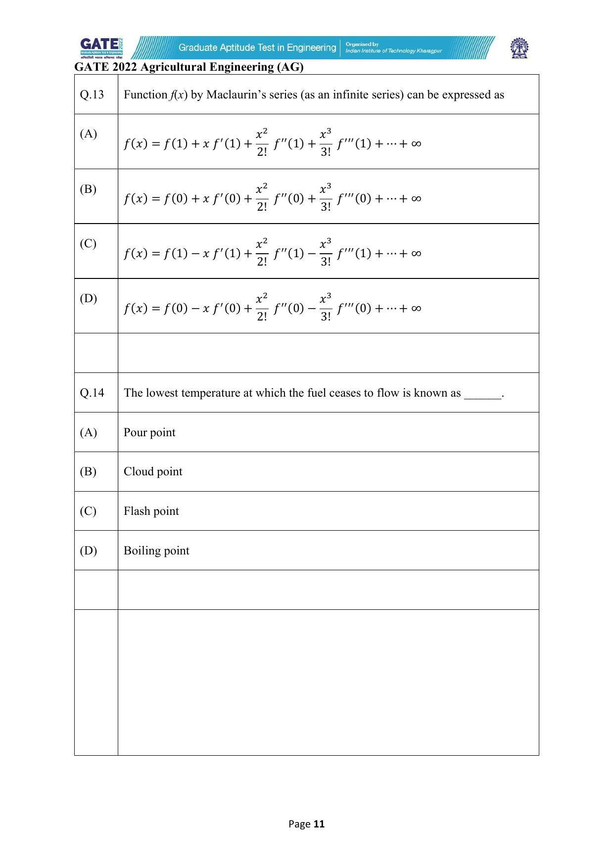 GATE 2022 Agricultural Engineering (AG) Question Paper - Page 11