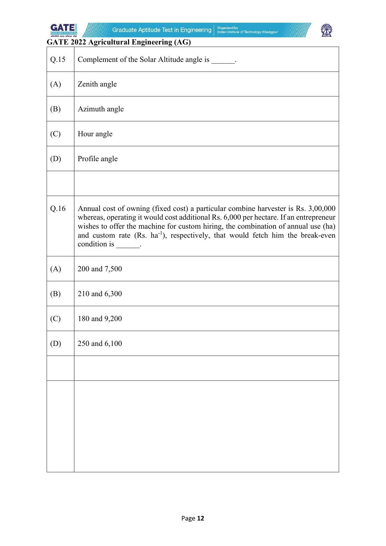 GATE 2022 Agricultural Engineering (AG) Question Paper - Page 12
